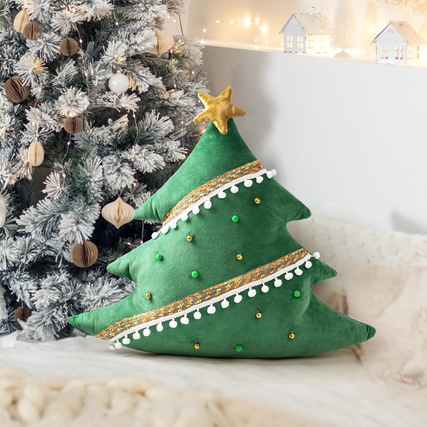 AELS Christmas Tree Decorative Throw Pillow with Golden Bell and Pompom, 20 Inch Holiday Throw Pillows for Christmas Decor, Plush Tree Shaped Decorative Pillows for Living Room Bedroom Sofa