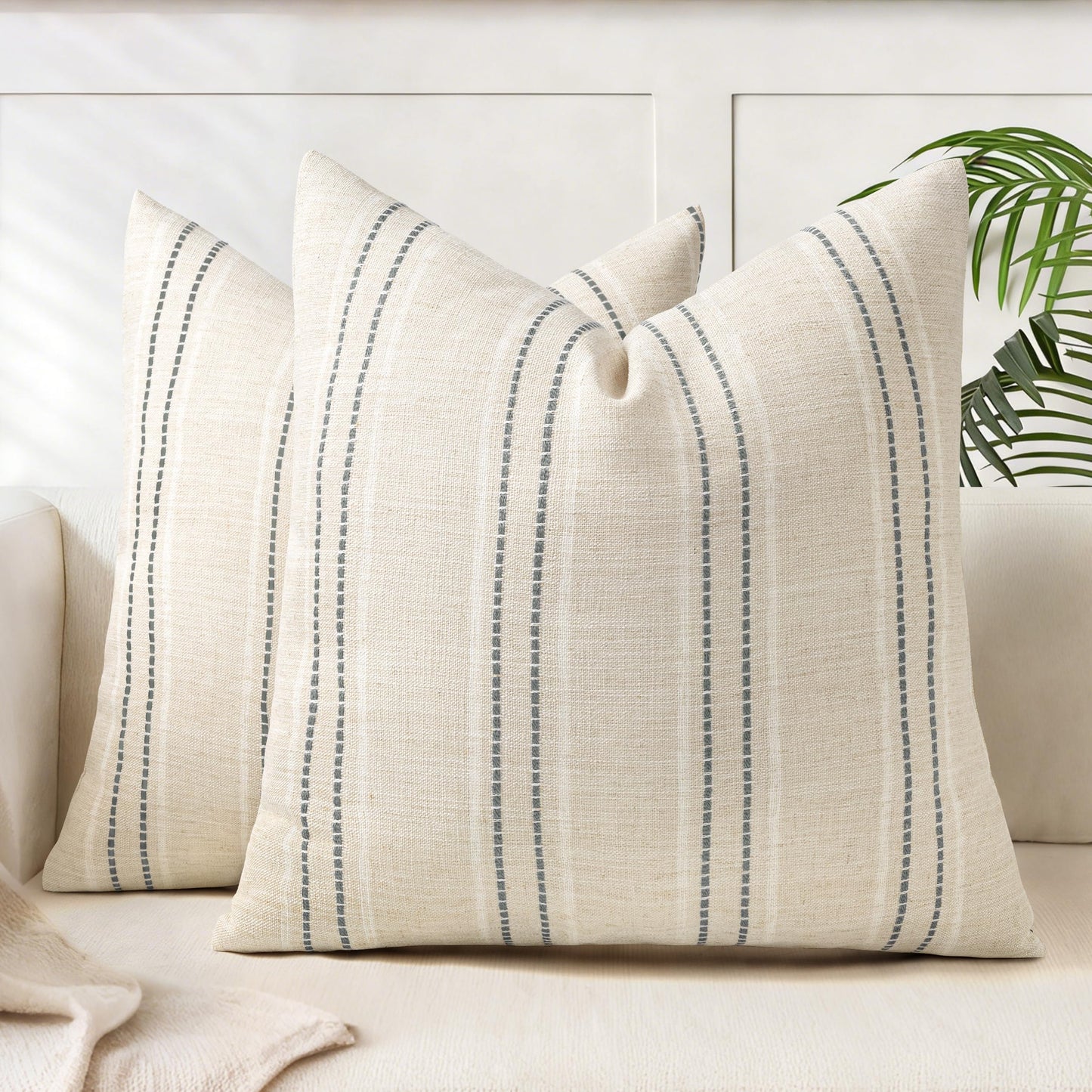 AELS 12x20 Decorative Farmhouse Linen Blend Throw Pillow Covers, Boho Textured Pillow Case, Set of 2, Beige with White & Brown Stitch Yarn Dyed Stripe Cushion Cover for Sofa Living Room (Cover ONLY)