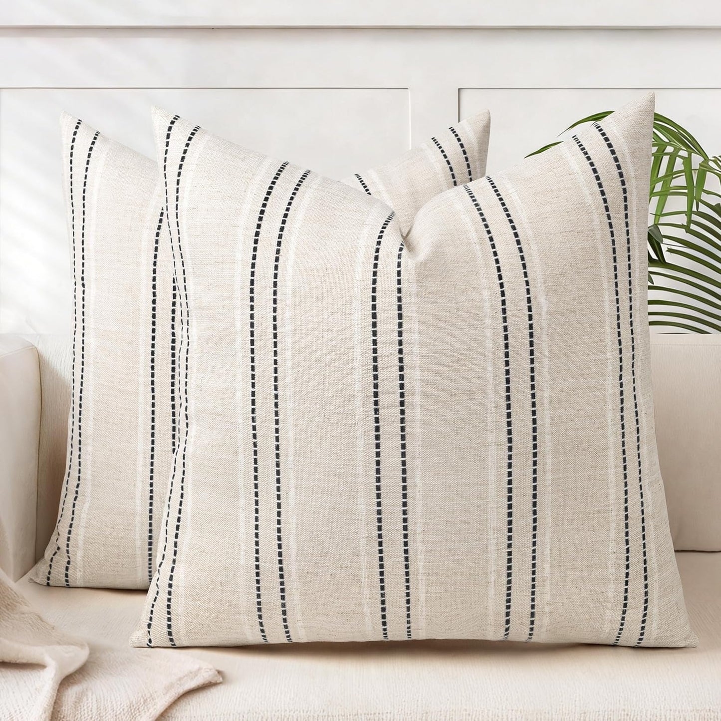 AELS 12x20 Decorative Farmhouse Linen Blend Throw Pillow Covers, Boho Textured Pillow Case, Set of 2, Beige with White & Brown Stitch Yarn Dyed Stripe Cushion Cover for Sofa Living Room (Cover ONLY)