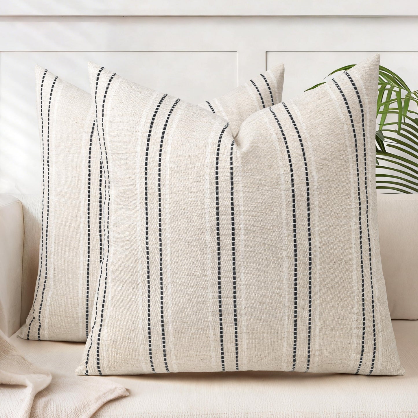 AELS 12x20 Decorative Farmhouse Linen Blend Throw Pillow Covers, Boho Textured Pillow Case, Set of 2, Beige with White & Brown Stitch Yarn Dyed Stripe Cushion Cover for Sofa Living Room (Cover ONLY)
