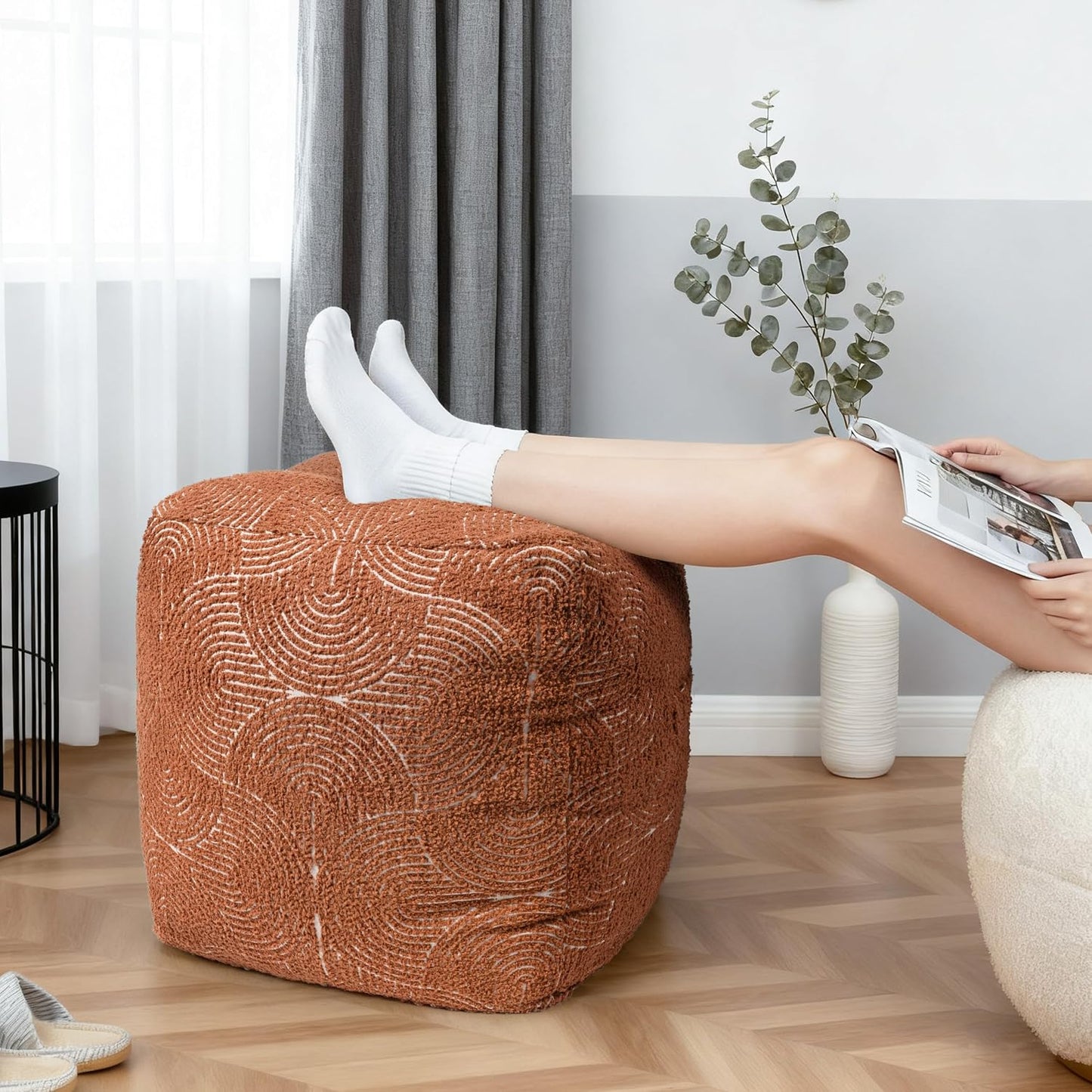Unstuffed Boho Textured Pouf Cover, Organic Modern Mid Century Rainbow Tufted Storage Bean Bag Cubes, Farmhouse Square Ottoman Pouf Foot Rest Footstool, 18"x18"x18", Cover ONLY, Burnt Orange