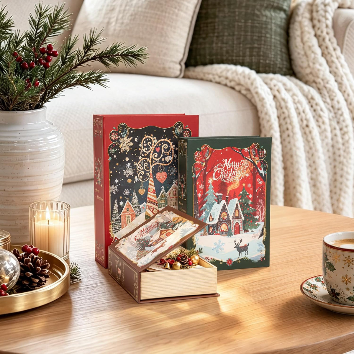 AELS 3 Pcs Christmas Decorative Books for Home Decor with Hidden Storage, Stackable Faux Book Boxes for Coffee Table Bookshelf, Hardcover Classic Xmas Mantel & Shelf Decor (8", 7", 6")