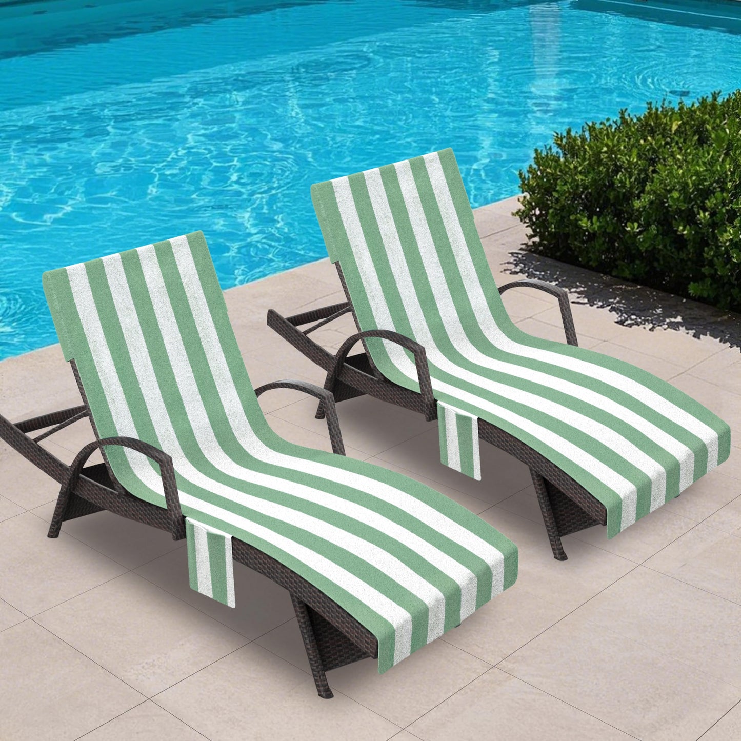 Lounge Chair Towel Cover, Pack of 2 - Microfiber Beach Towels with Pockets, Fits Outdoor Garden Beach Hotel Pool Chairs, Non-Slip & Portable Design, 85" X 30", Ombre Blue Stripes