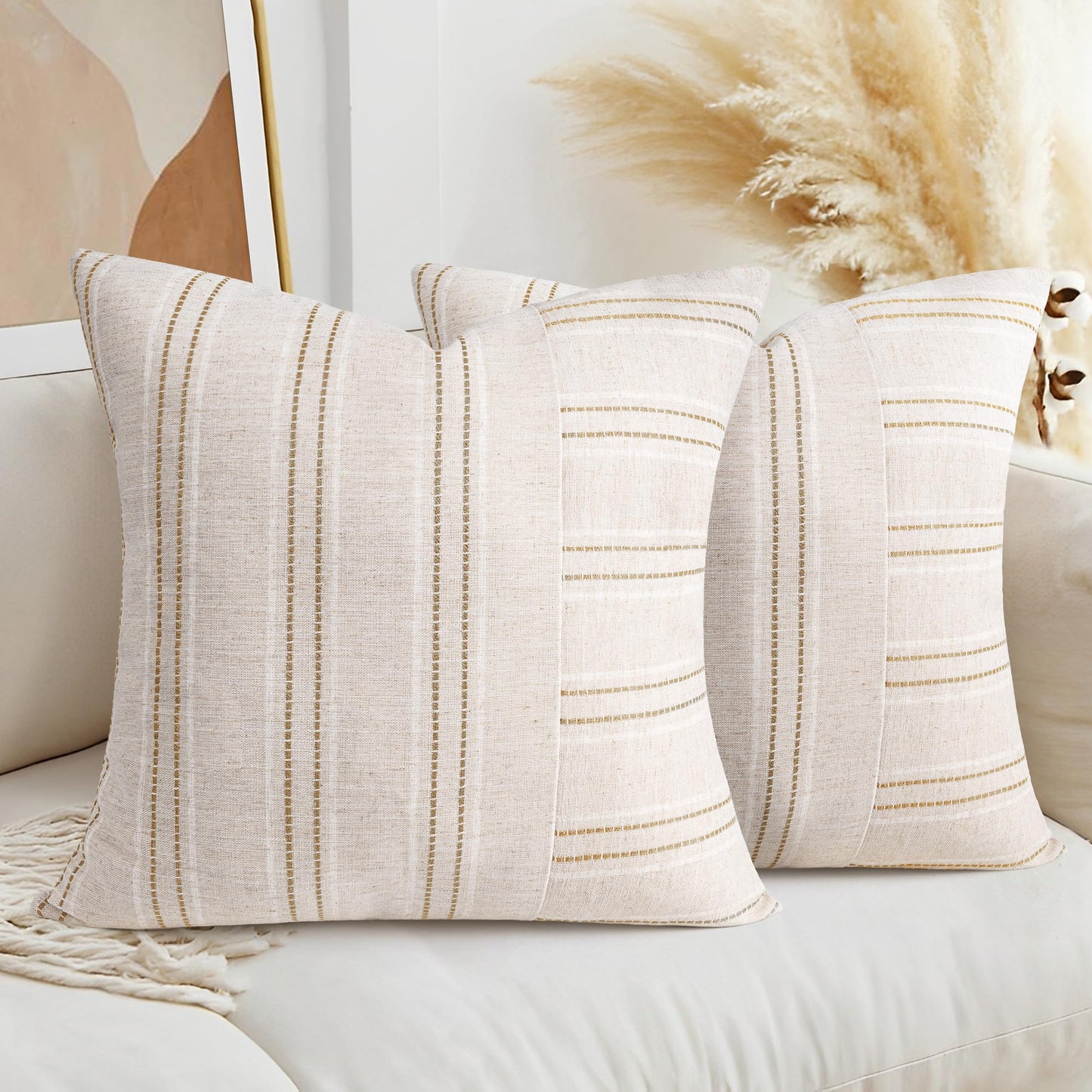AELS 12x20 Decorative Farmhouse Linen Throw Pillow Covers, Boho Rectangle Lumbar Pillow Case, Set of 2, Beige with White & Gray Stripe Patchwork Cushion Cover for Sofa Couch Living Room (Cover ONLY)