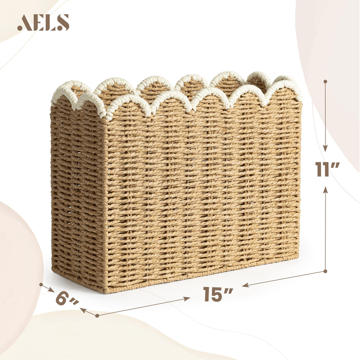 AELS Woven Natural Fibre Magazine Holder, Scalloped Edge Floor Magazine Rack, Hand-woven Organizer, Boho Modern Farmhouse Book Basket, File Newspaper Mail Holder for Office