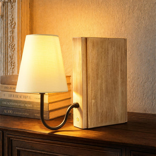 Solid Wood Bookshelf Lamp with Bulb, Cordless Rechargeable Touch Dimmable Table Lamp with Linen Fabric Shade, Modern Decorative Bookend Lamp for Bedroom, Office & Bookshelf Decor, Natural