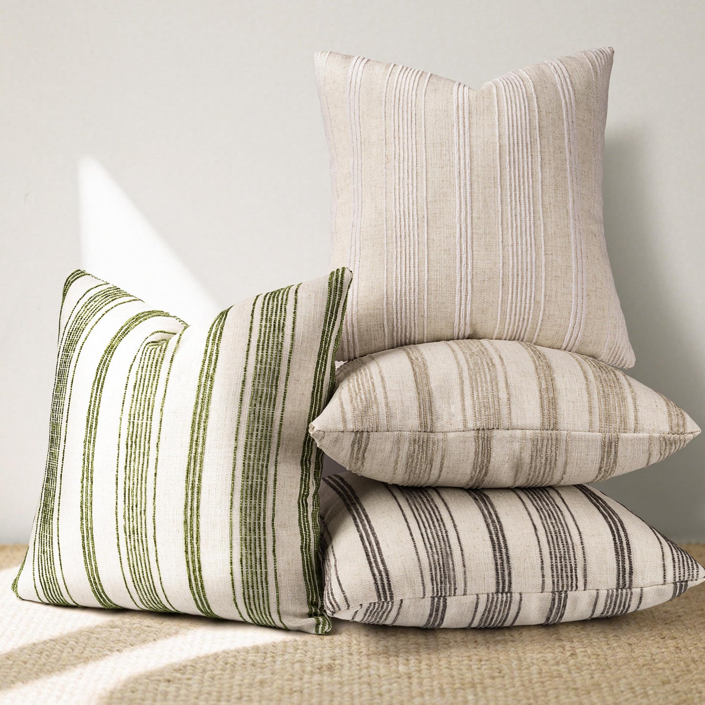 AELS 12x20 Decorative Farmhouse Linen Lumbar Pillow Covers, Beige with Olive Green Chenille Striped Pillow Case, Set of 2, Boho Textured Cushion Cover for Sofa Couch Living Room (Cover ONLY)