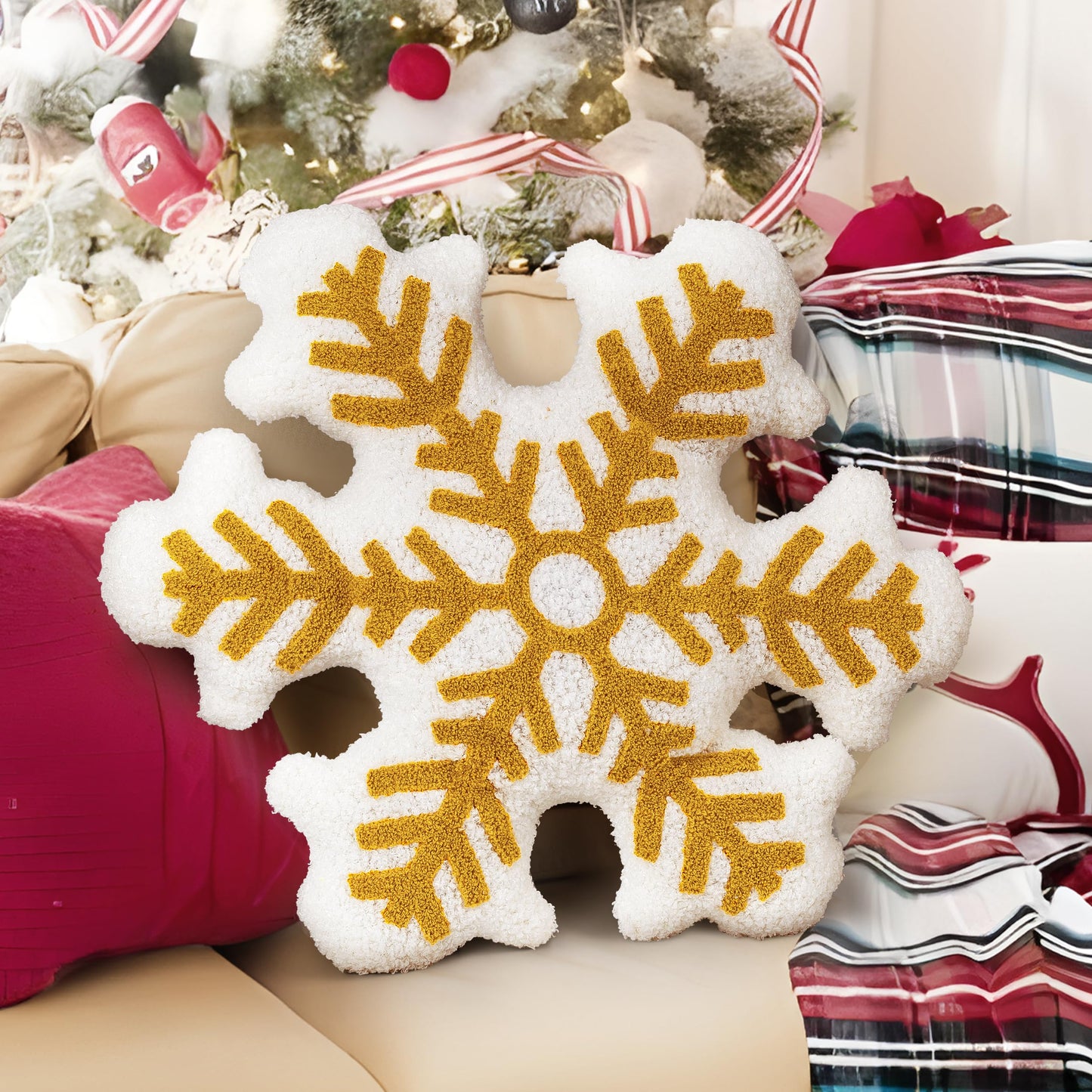 AELS 21.6 Inches 3D Snowflake Christmas Decorative Throw Pillow, Cute Winter Faux Fur Plush Throw Pillow, Living Room Bedroom Nursery Decor, White Christmas Decoration, Snow White