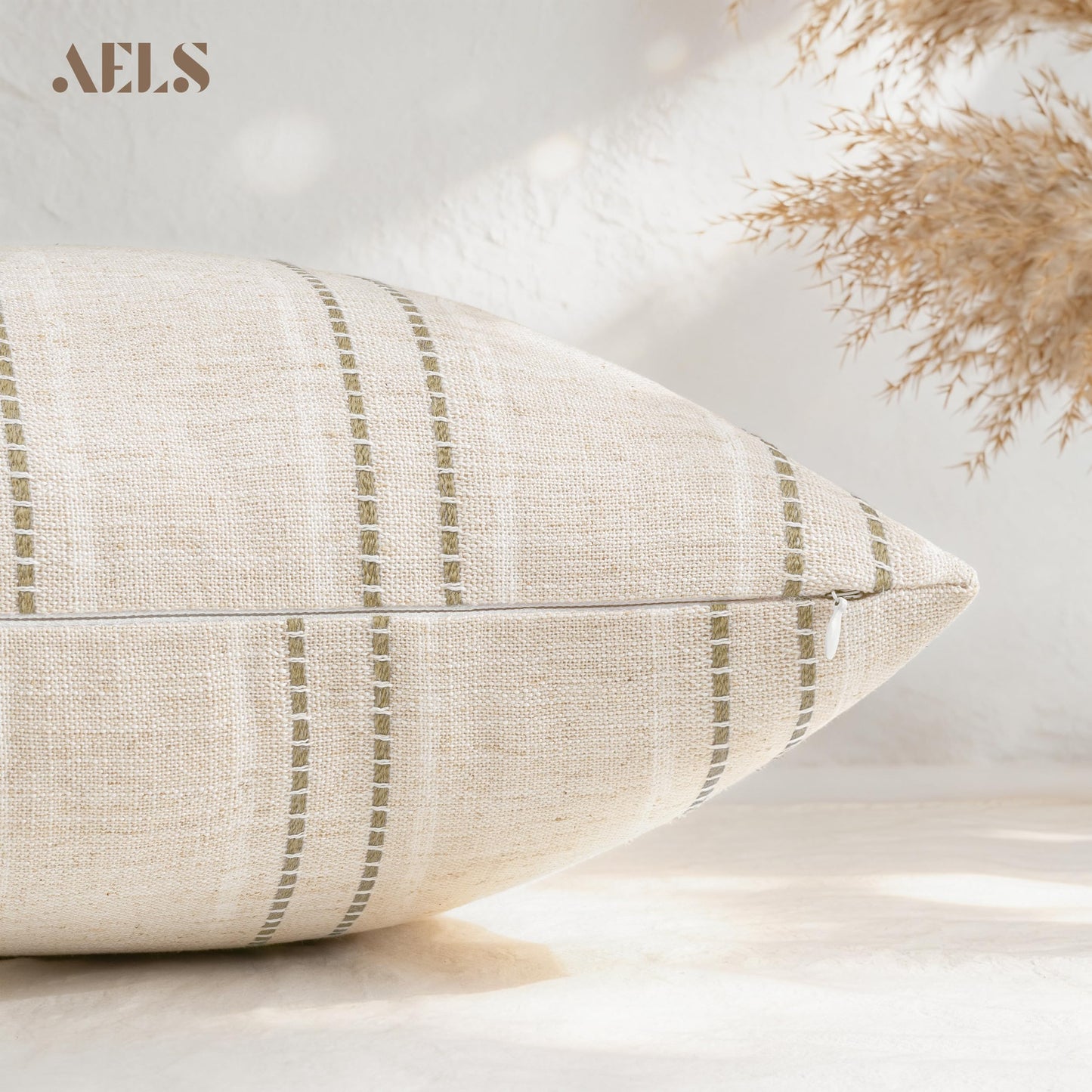 AELS 12x20 Decorative Farmhouse Linen Blend Throw Pillow Covers, Boho Textured Pillow Case, Set of 2, Beige with White & Brown Stitch Yarn Dyed Stripe Cushion Cover for Sofa Living Room (Cover ONLY)