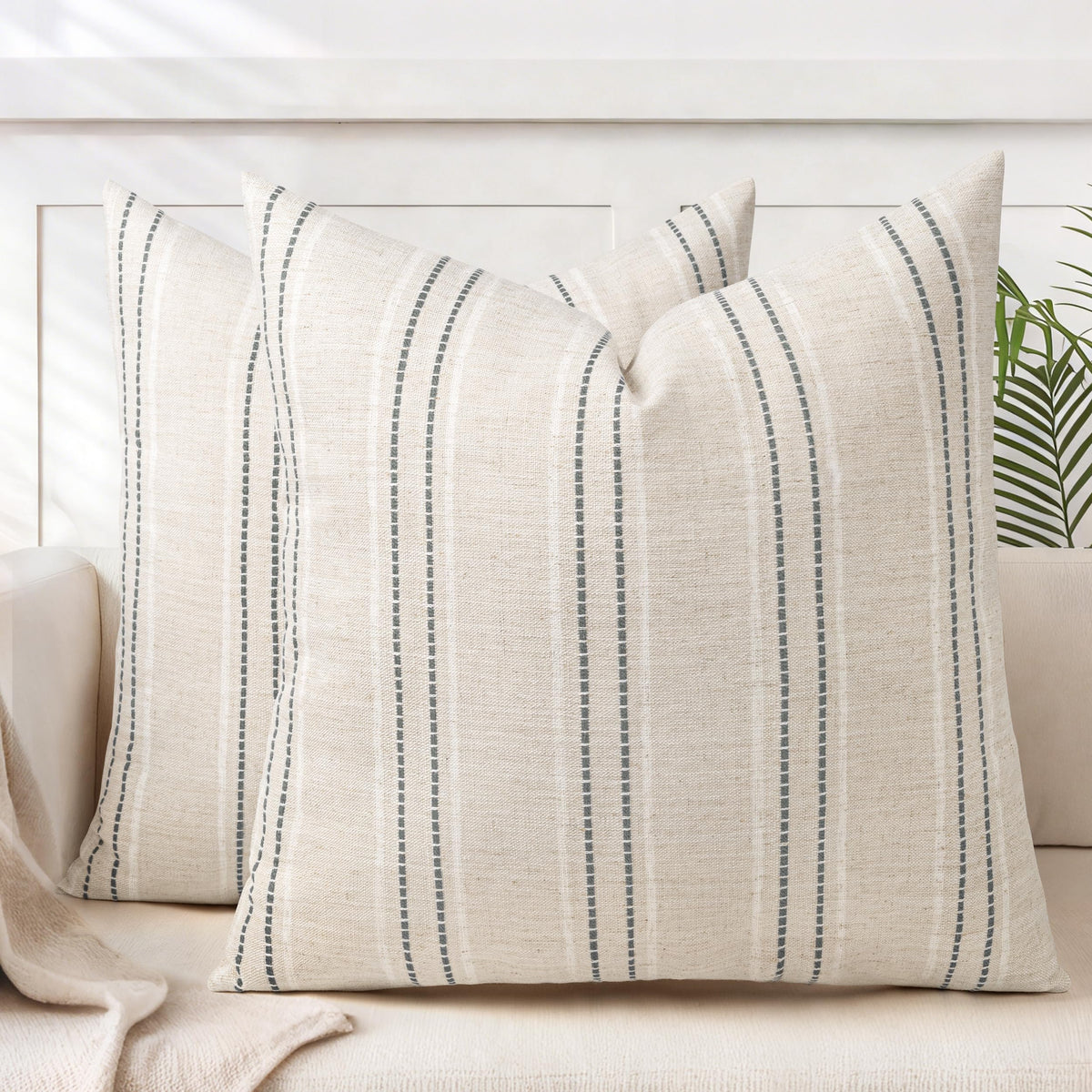 AELS 20x20 Decorative Farmhouse Linen Blend Throw Pillow Covers, Boho Textured Pillow Case, Set of 2, Beige with White & Brown Stitch Yarn Dyed Stripe Cushion Cover for Sofa Living Room (Cover O