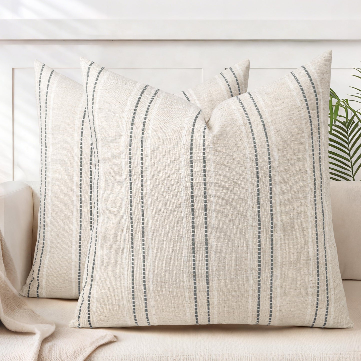AELS 12x20 Decorative Farmhouse Linen Blend Throw Pillow Covers, Boho Textured Pillow Case, Set of 2, Beige with White & Brown Stitch Yarn Dyed Stripe Cushion Cover for Sofa Living Room (Cover ONLY)