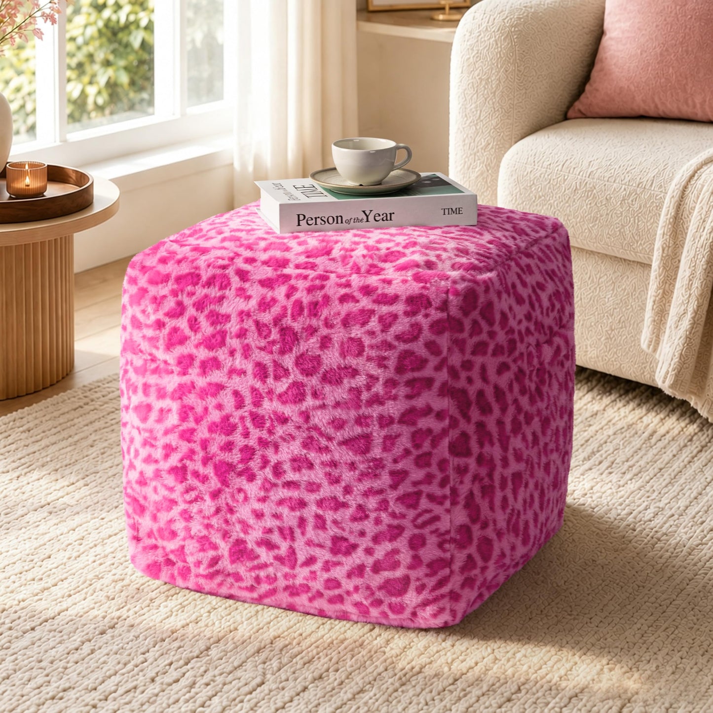 Unstuffed Leopard Cheetah Print Pouf Cover for Living Room, Boho Chic Modern Storage Bean Bag Cube, Soft Faux Fur Ottoman Foot Rest Footstool, 18"x18"x18", Cover ONLY, Natural Leopard