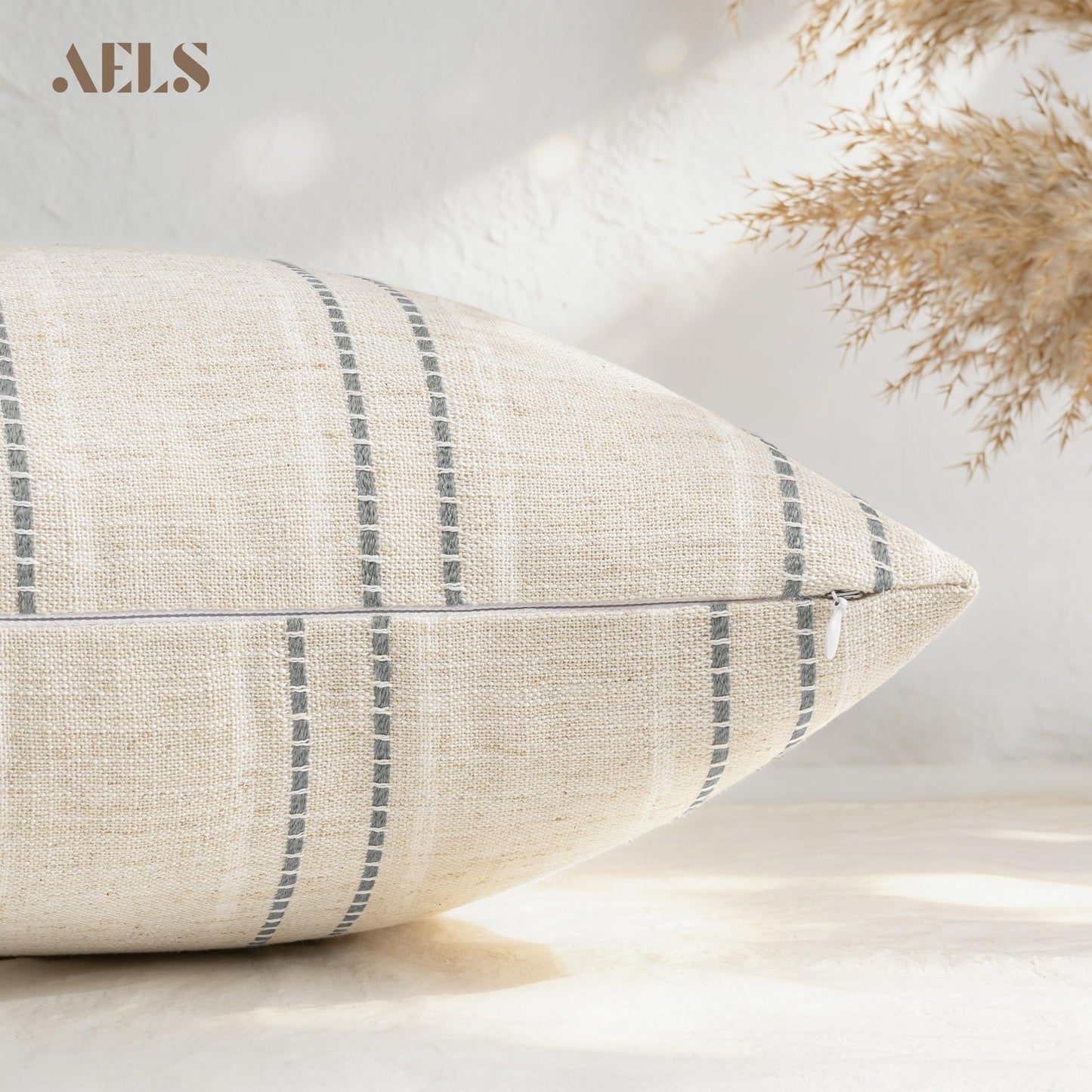 AELS 12x20 Decorative Farmhouse Linen Blend Throw Pillow Covers, Boho Textured Pillow Case, Set of 2, Beige with White & Brown Stitch Yarn Dyed Stripe Cushion Cover for Sofa Living Room (Cover ONLY)