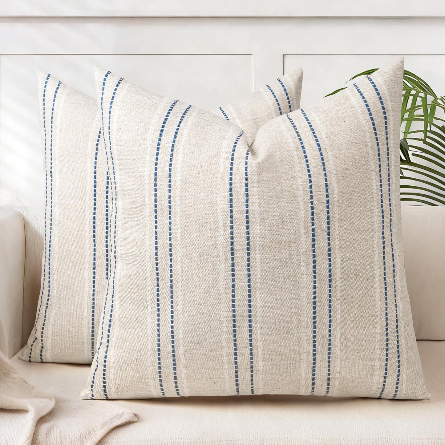 AELS 12x20 Decorative Farmhouse Linen Blend Throw Pillow Covers, Boho Textured Pillow Case, Set of 2, Beige with White & Brown Stitch Yarn Dyed Stripe Cushion Cover for Sofa Living Room (Cover ONLY)
