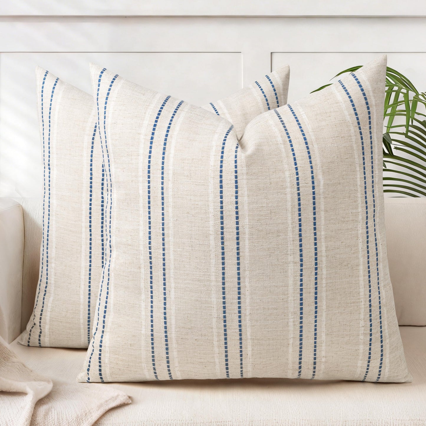 AELS 12x20 Decorative Farmhouse Linen Blend Throw Pillow Covers, Boho Textured Pillow Case, Set of 2, Beige with White & Brown Stitch Yarn Dyed Stripe Cushion Cover for Sofa Living Room (Cover ONLY)