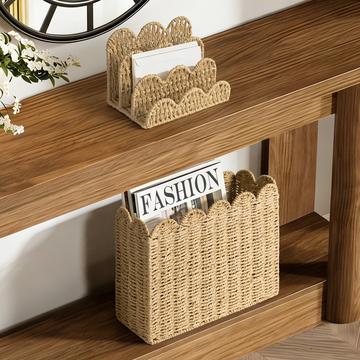 AELS Woven Natural Fibre Magazine Holder, Scalloped Edge Floor Magazine Rack, Hand-woven Organizer, Boho Modern Farmhouse Book Basket, File Newspaper Mail Holder for Office