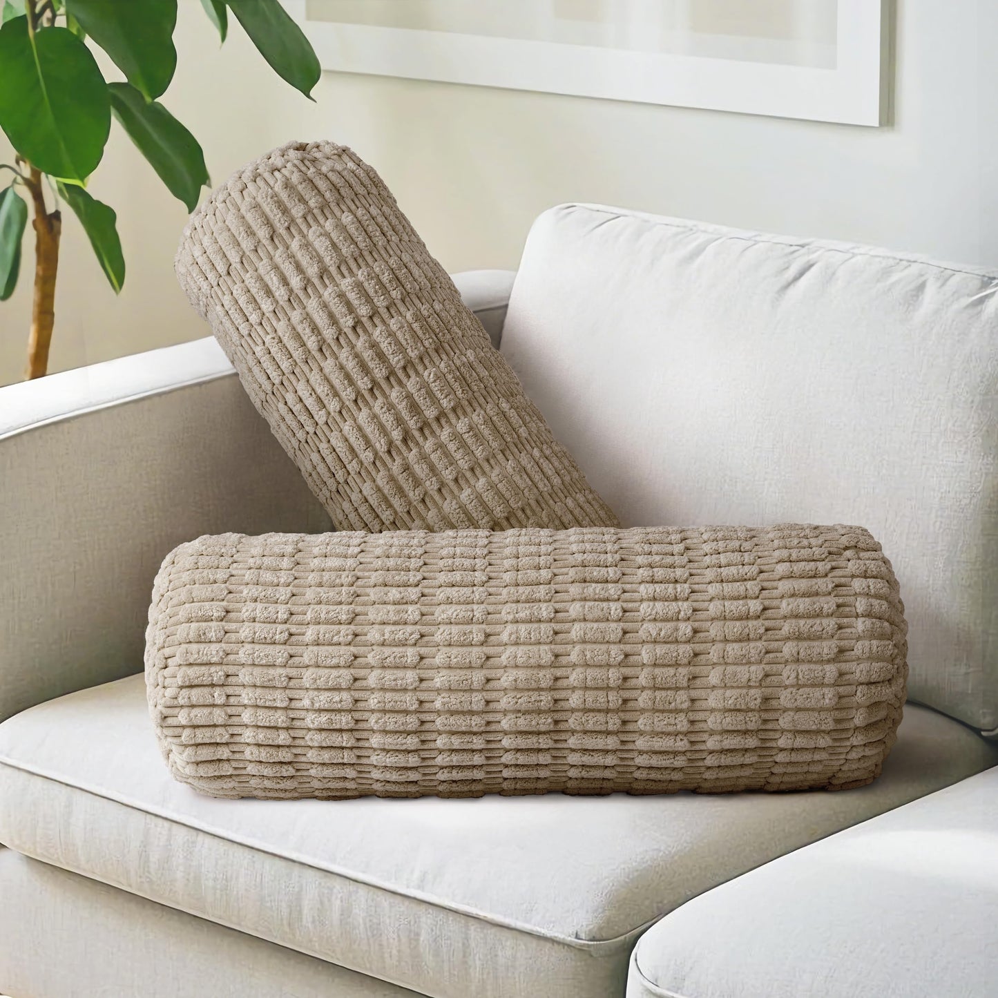 AELS Faux Fur Striped Cylinder Pillows, 8" x 24" Decorative Modern Bolster Pillows with Removable Washable Cover and Insert, Body Pillow for Couch and Bed, Living Room Bedroom Nursery Decor, White