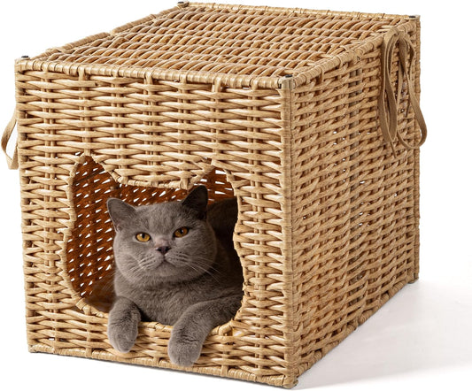 Handwoven Small Cat Bed Cave for IKEA Kallax Shelf, 13"x13"x15" Rattan Cat House for Indoor Cats Kittens and Small Pets with Removable Double-Sided Soft Cushion Pad, Pet Cube Hideaway Bed Natural