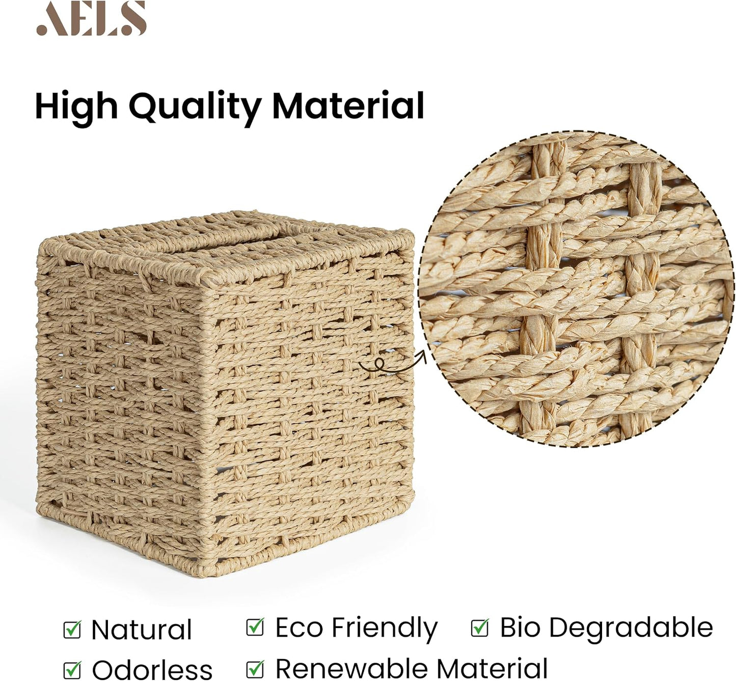 Farmhouse Tissue Box Cover Square, Hand Woven Strawpaper Facial Tissue Paper Holder, Cute Tissue Box Holder Square, Boho Bathroom Decor Box for Tissues Cube Box w/Elastic Bottom, Beige