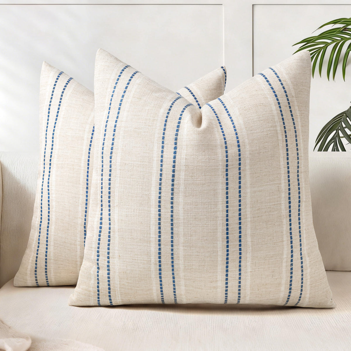 AELS 20x20 Decorative Farmhouse Linen Blend Throw Pillow Covers, Boho Textured Pillow Case, Set of 2, Beige with White & Brown Stitch Yarn Dyed Stripe Cushion Cover for Sofa Living Room (Cover O