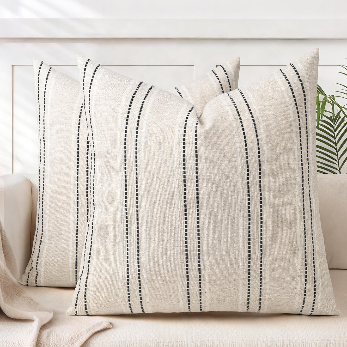 AELS 12x20 Decorative Farmhouse Linen Blend Throw Pillow Covers, Boho Textured Pillow Case, Set of 2, Beige with White & Brown Stitch Yarn Dyed Stripe Cushion Cover for Sofa Living Room (Cover ONLY)
