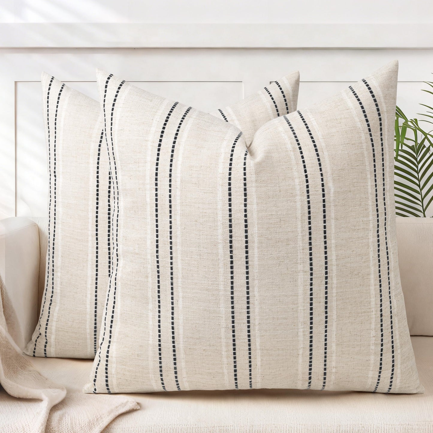 AELS 12x20 Decorative Farmhouse Linen Blend Throw Pillow Covers, Boho Textured Pillow Case, Set of 2, Beige with White & Brown Stitch Yarn Dyed Stripe Cushion Cover for Sofa Living Room (Cover ONLY)
