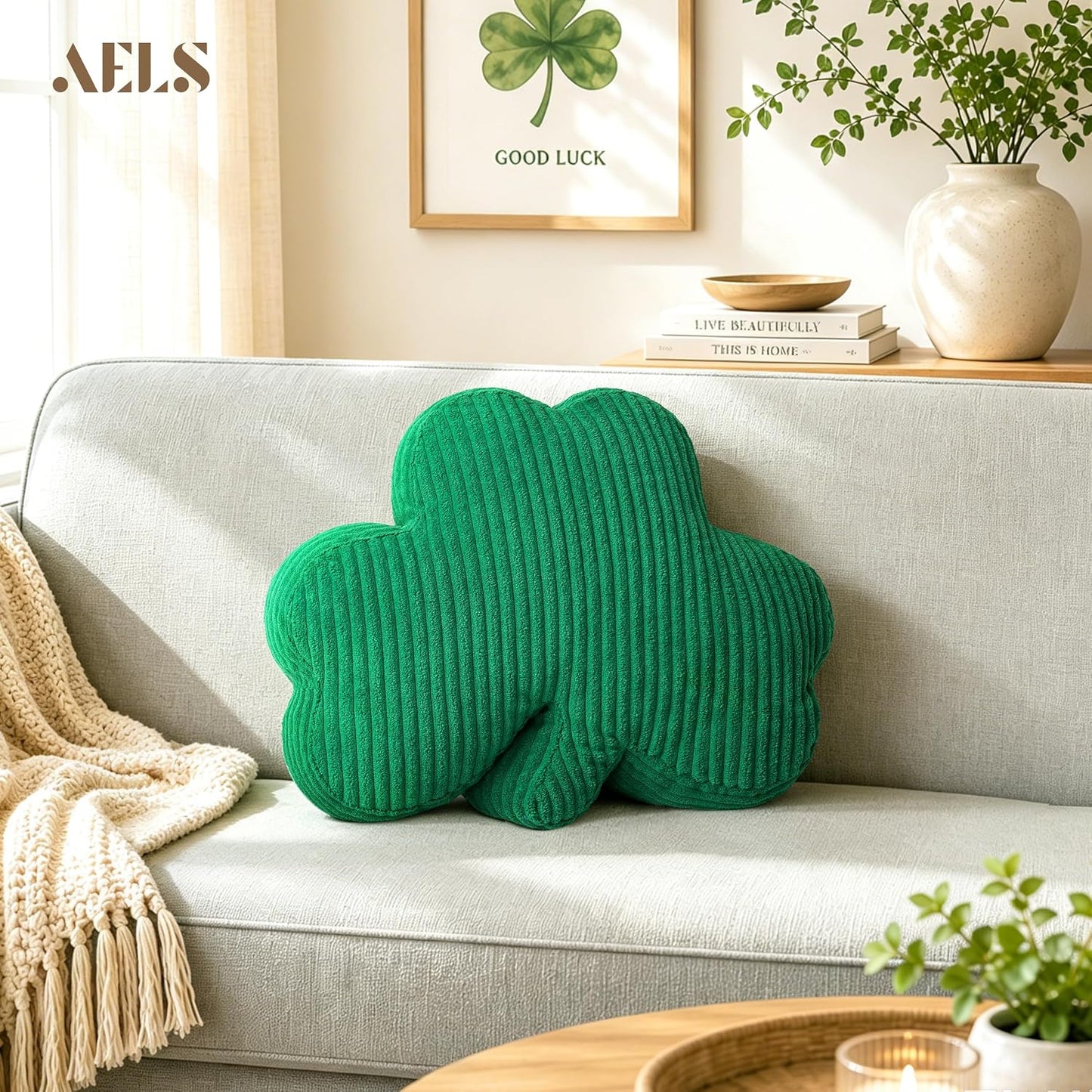 AELS Shamrock Pillow, St. Patrick's Day Decorative Throw Pillow, 15.7" Corduroy Striped Cute Cushion for Living Room & Bedroom, Perfect for Holiday Home Decor, Irish Green