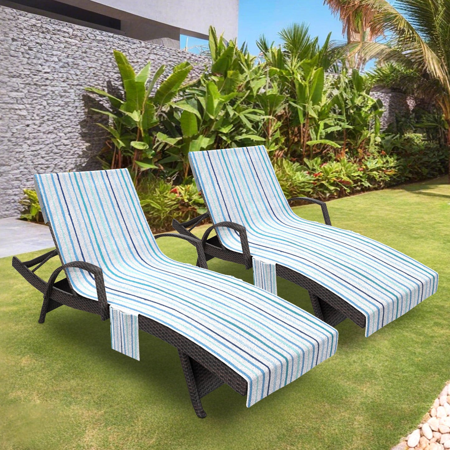 Lounge Chair Towel Cover, Pack of 2 - Microfiber Beach Towels with Pockets, Fits Outdoor Garden Beach Hotel Pool Chairs, Non-Slip & Portable Design, 85" X 30", Ombre Blue Stripes