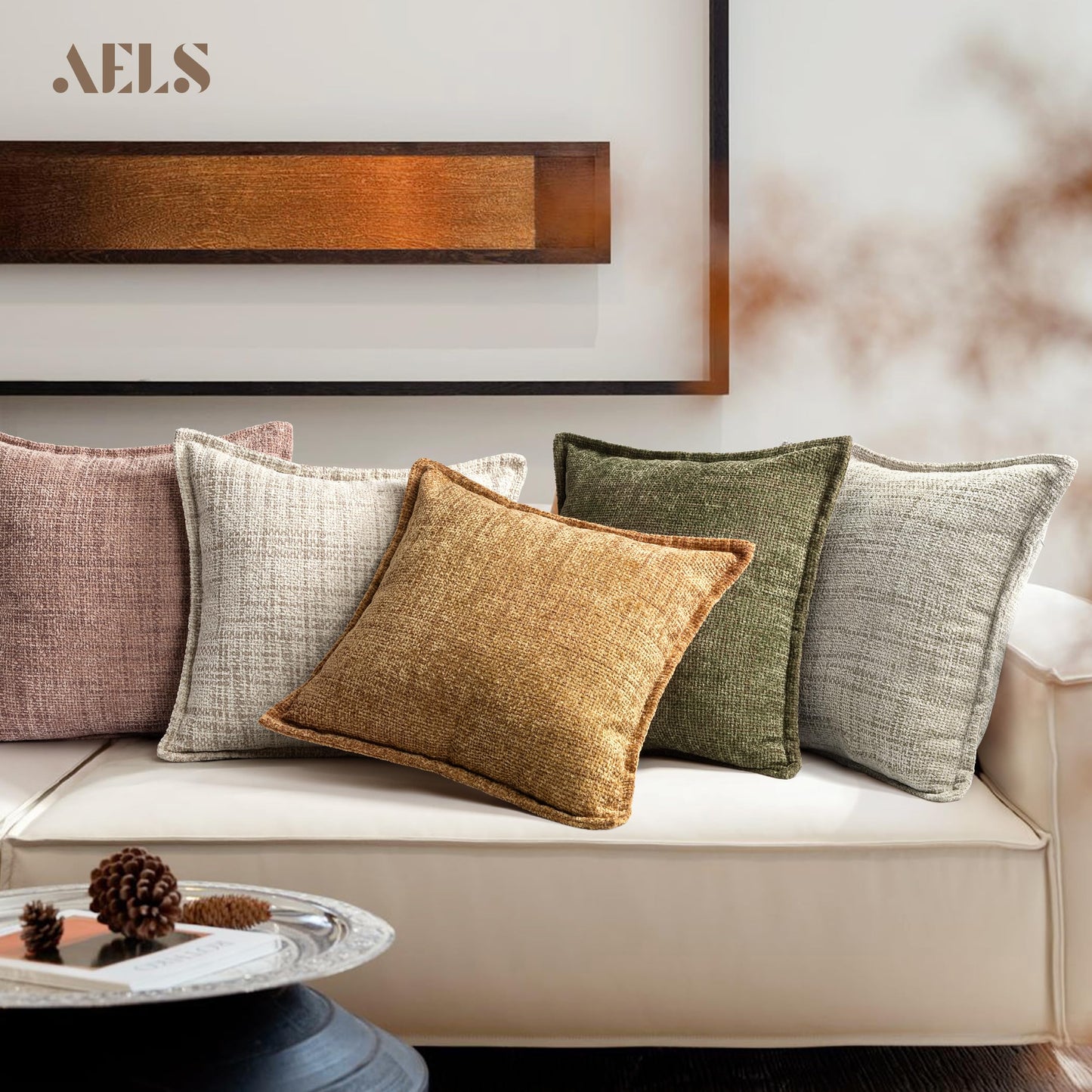 AELS 16x16 Decorative Chenille Farmhouse Throw Pillow Covers, Woven Pillow Case, Set of 2, Boho Textured Cushion Cover for Sofa Couch Living Room (Cover ONLY), Beige