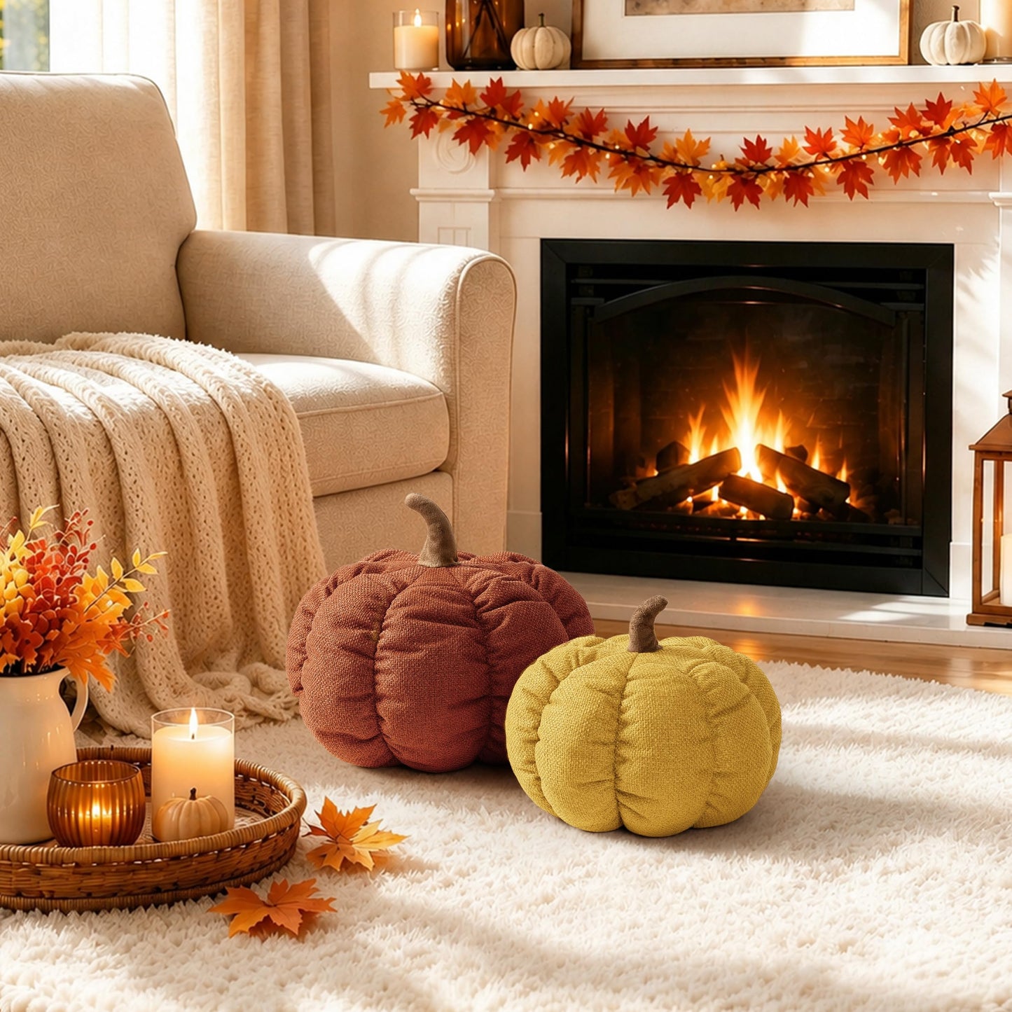 AELS Pumpkin Throw Pillow, 14" Burnt Orange Textured Fall Decorative Pillow | for Couch Sofa Bed Living Room Home Decor, Farmhouse 3D Fall Halloween Thanksgiving Decorative Accent Pillows