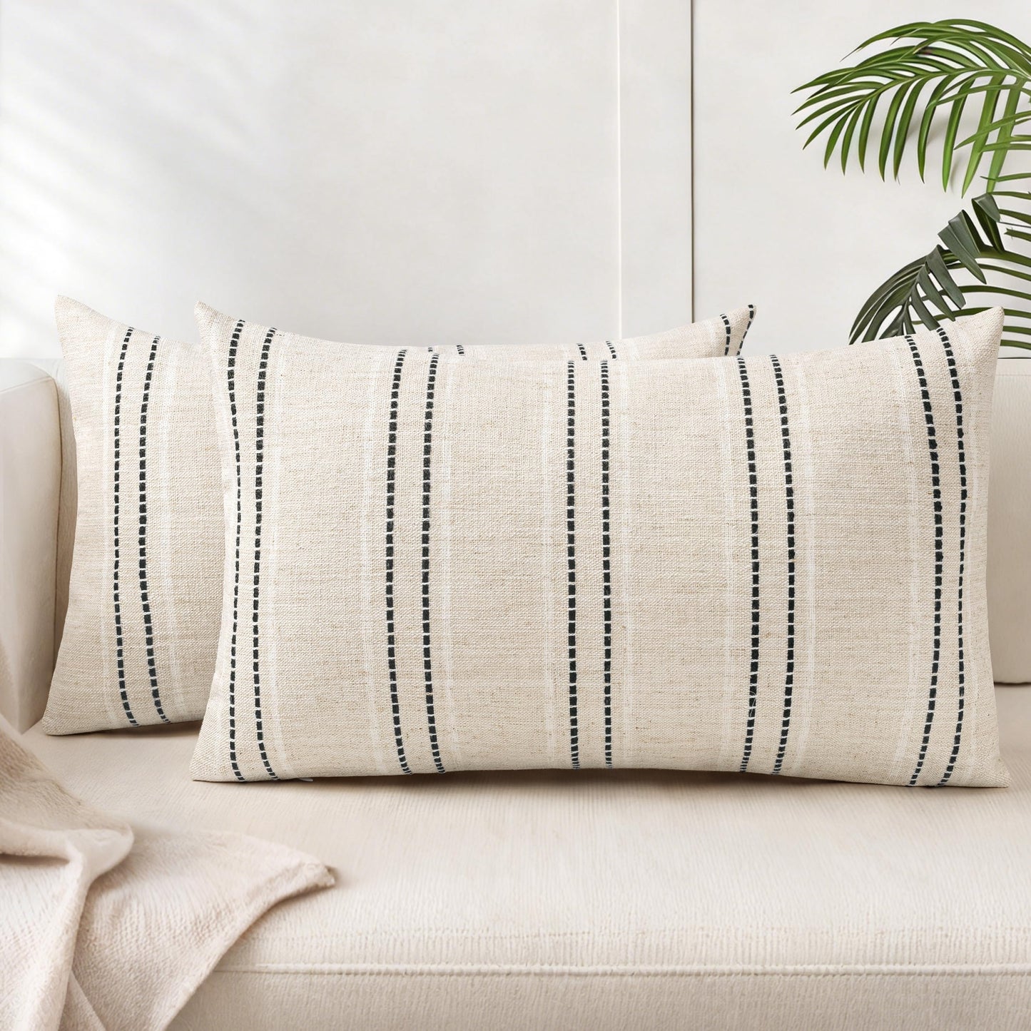 AELS 12x20 Decorative Farmhouse Linen Blend Throw Pillow Covers, Boho Textured Pillow Case, Set of 2, Beige with White & Brown Stitch Yarn Dyed Stripe Cushion Cover for Sofa Living Room (Cover ONLY)