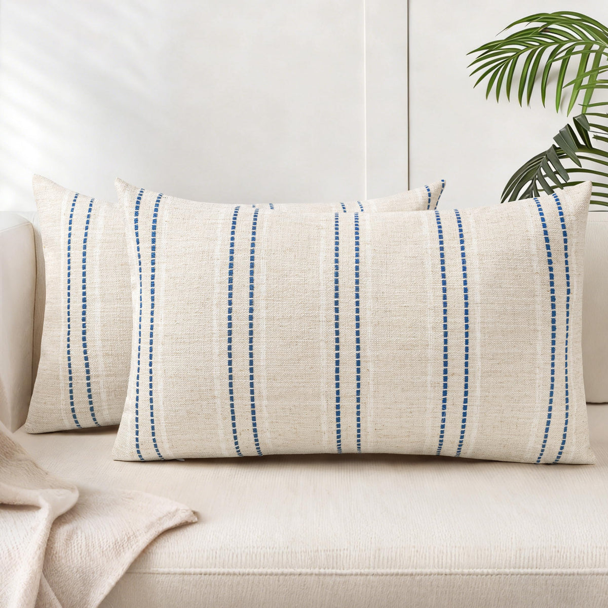AELS 20x20 Decorative Farmhouse Linen Blend Throw Pillow Covers, Boho Textured Pillow Case, Set of 2, Beige with White & Brown Stitch Yarn Dyed Stripe Cushion Cover for Sofa Living Room (Cover O