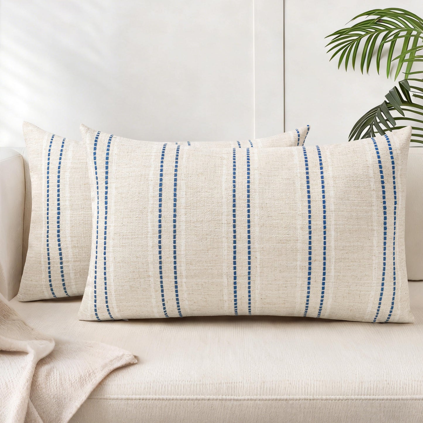 AELS 12x20 Decorative Farmhouse Linen Blend Throw Pillow Covers, Boho Textured Pillow Case, Set of 2, Beige with White & Brown Stitch Yarn Dyed Stripe Cushion Cover for Sofa Living Room (Cover ONLY)