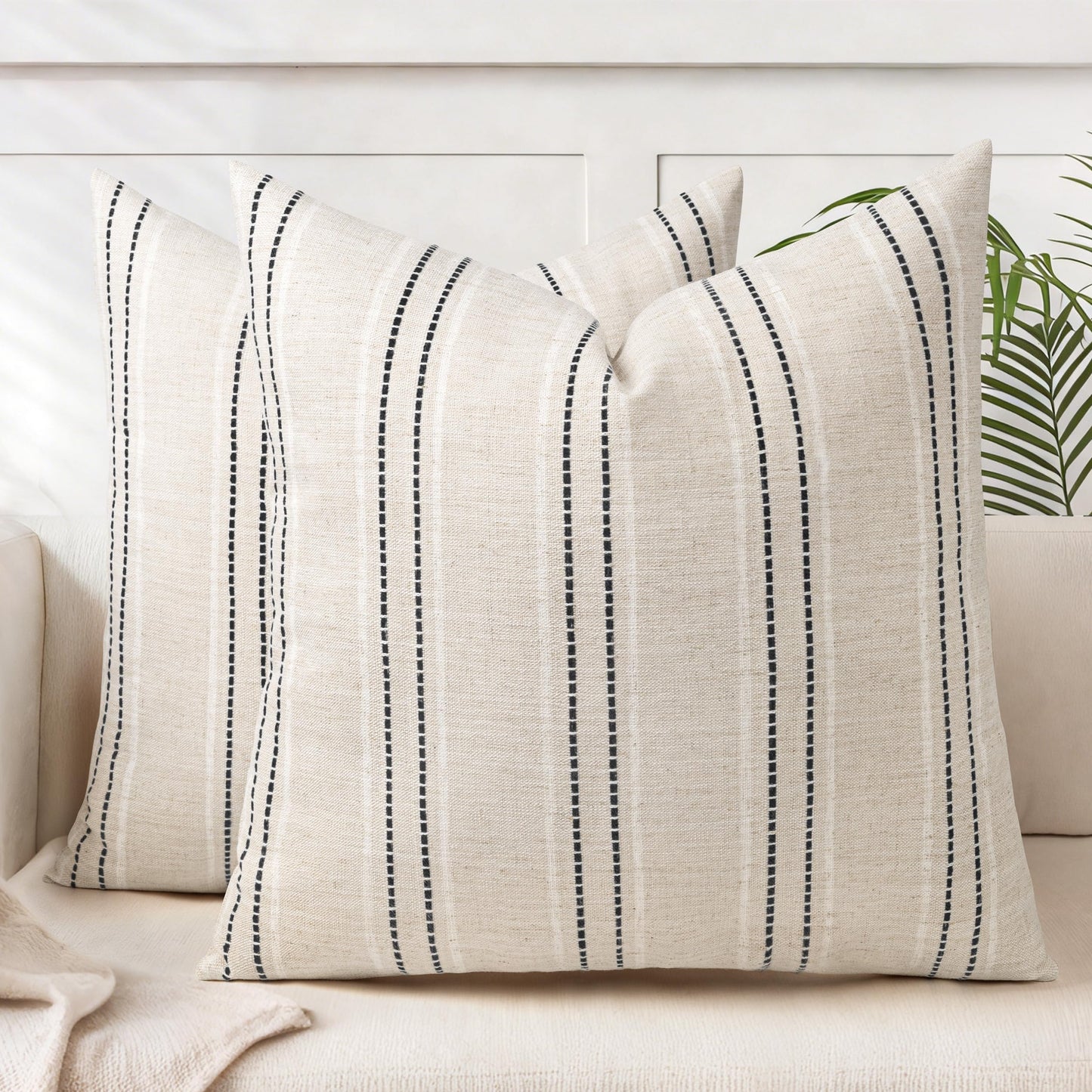 AELS 12x20 Decorative Farmhouse Linen Blend Throw Pillow Covers, Boho Textured Pillow Case, Set of 2, Beige with White & Brown Stitch Yarn Dyed Stripe Cushion Cover for Sofa Living Room (Cover ONLY)