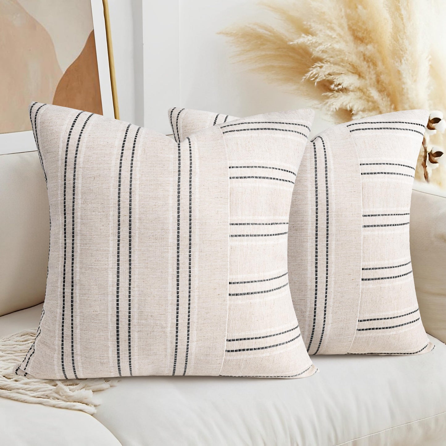 AELS 12x20 Decorative Farmhouse Linen Throw Pillow Covers, Boho Rectangle Lumbar Pillow Case, Set of 2, Beige with White & Gray Stripe Patchwork Cushion Cover for Sofa Couch Living Room (Cover ONLY)