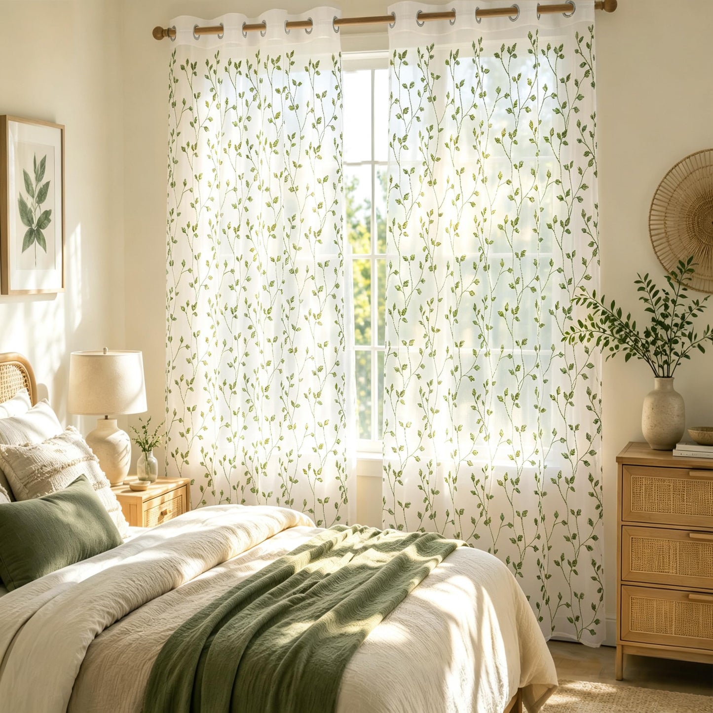 Semi White Sheer Curtains 84 Inches Long 2 Panels Set, White Stem | Embroidered Leaf Patterned Voile Window Treatments for Living Room Bedroom, Airy Light Filtering Grommet Curtains 52"W x 84"L