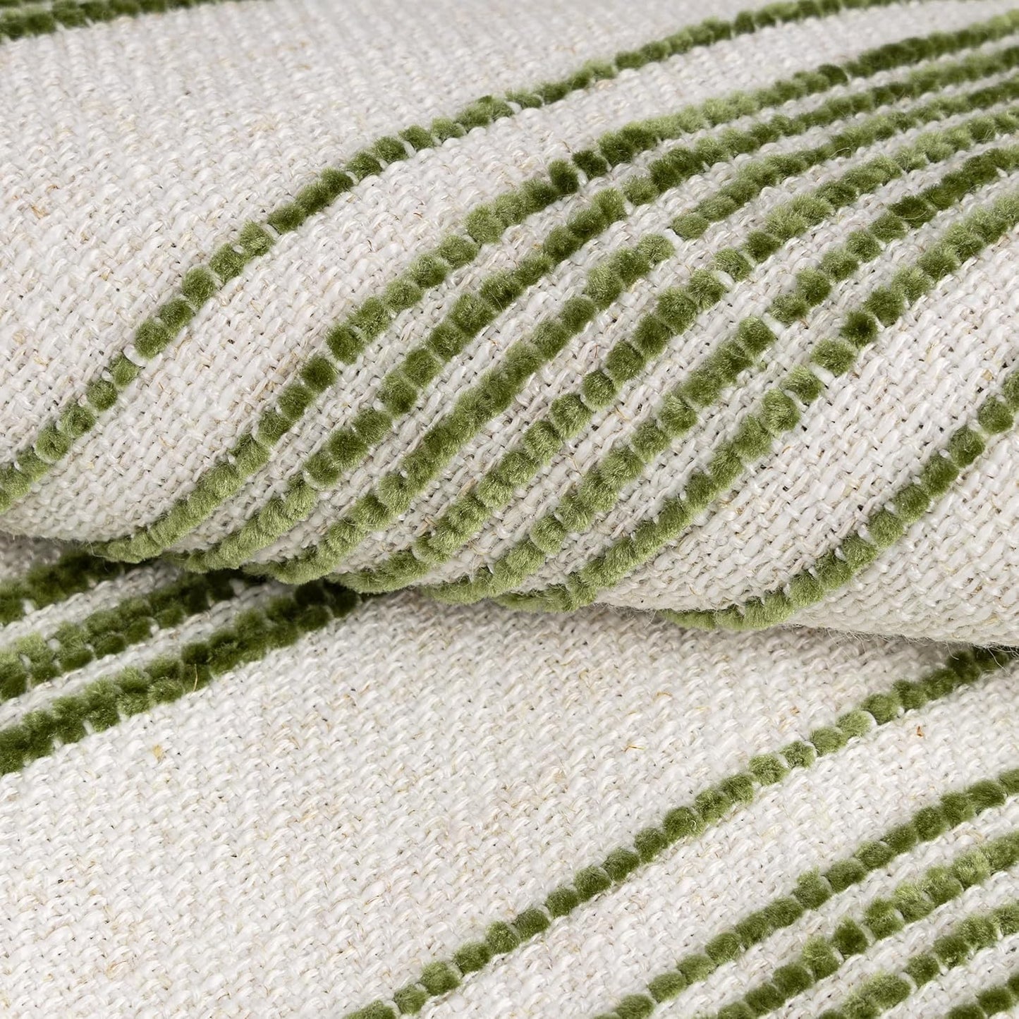 AELS 12x20 Decorative Farmhouse Linen Lumbar Pillow Covers, Beige with Olive Green Chenille Striped Pillow Case, Set of 2, Boho Textured Cushion Cover for Sofa Couch Living Room (Cover ONLY)
