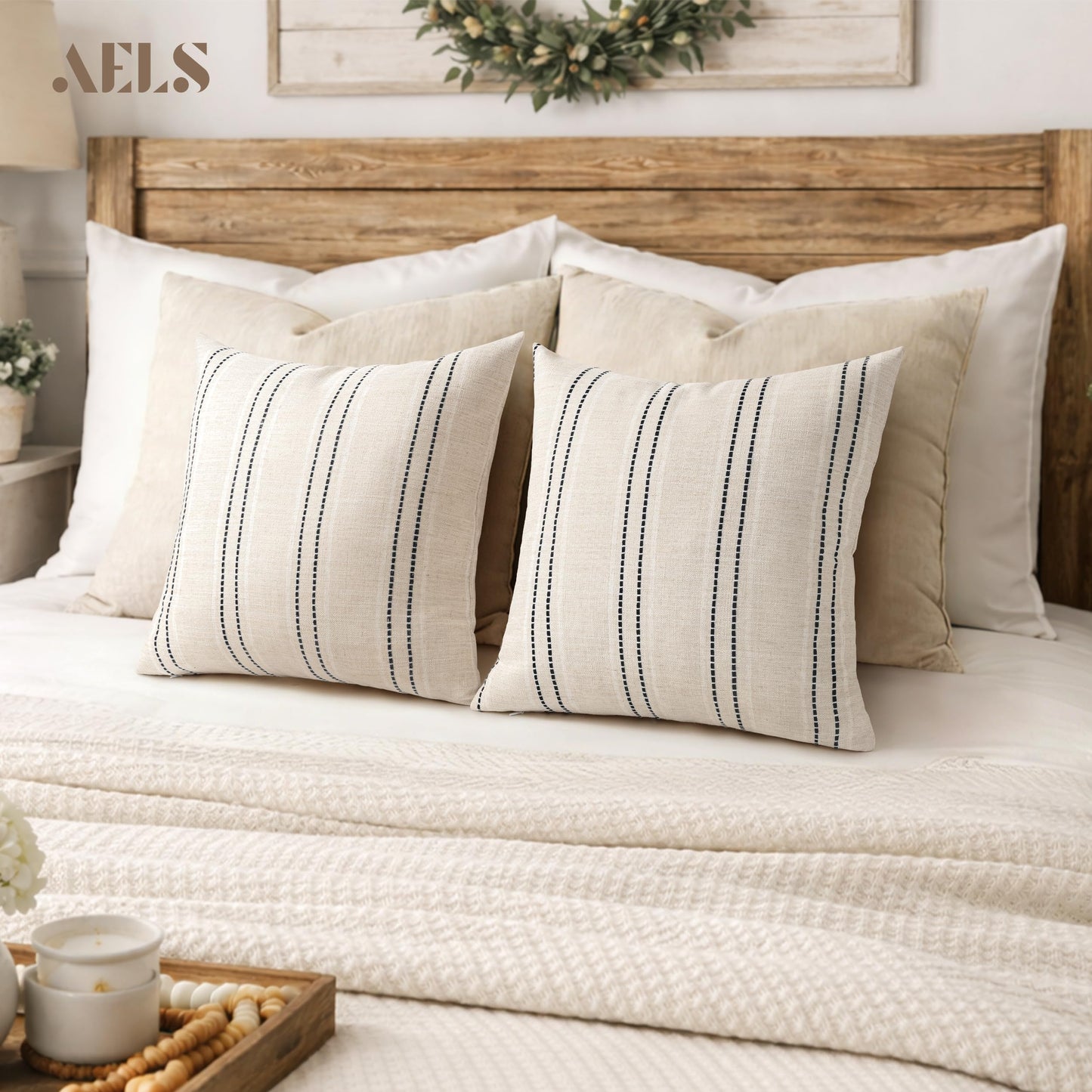 AELS 12x20 Decorative Farmhouse Linen Blend Throw Pillow Covers, Boho Textured Pillow Case, Set of 2, Beige with White & Brown Stitch Yarn Dyed Stripe Cushion Cover for Sofa Living Room (Cover ONLY)