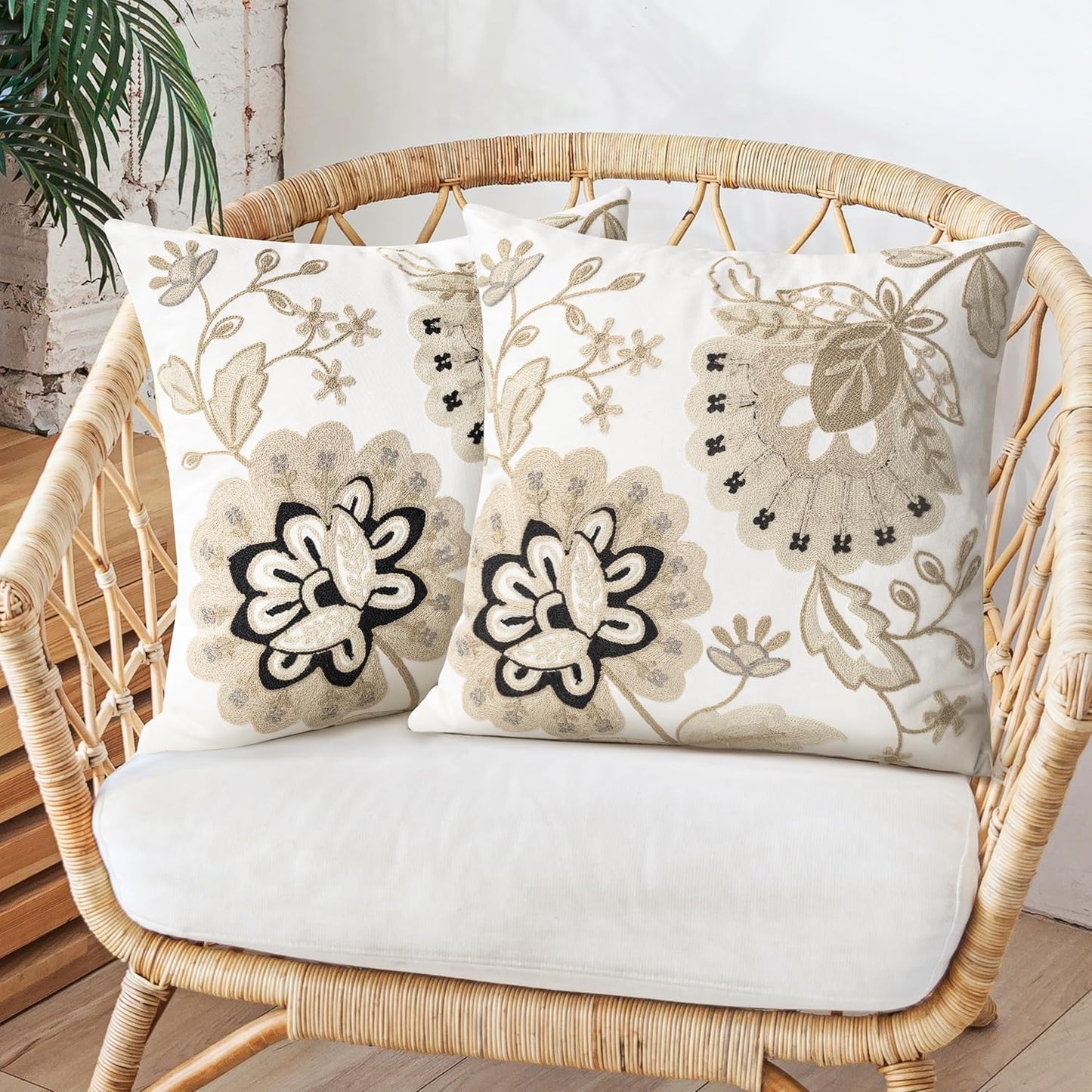 AELS Embroidered Throw Pillow Covers 18"x18" Set of 2, Chic Modern Farmhouse Floral Cotton Cushion Covers for Couch, Sofa, Bed, and Living Room Decor, Sand Bloom
