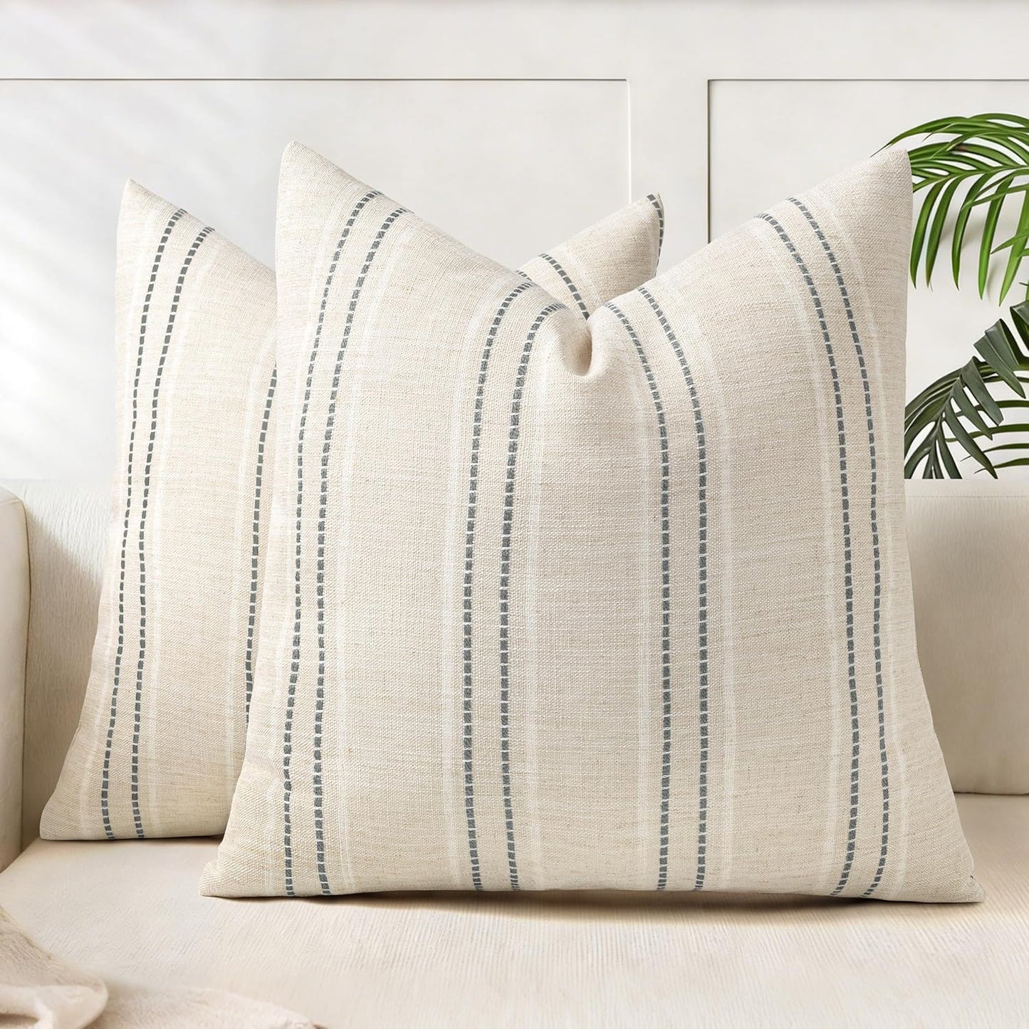 AELS 12x20 Decorative Farmhouse Linen Blend Throw Pillow Covers, Boho Textured Pillow Case, Set of 2, Beige with White & Brown Stitch Yarn Dyed Stripe Cushion Cover for Sofa Living Room (Cover ONLY)