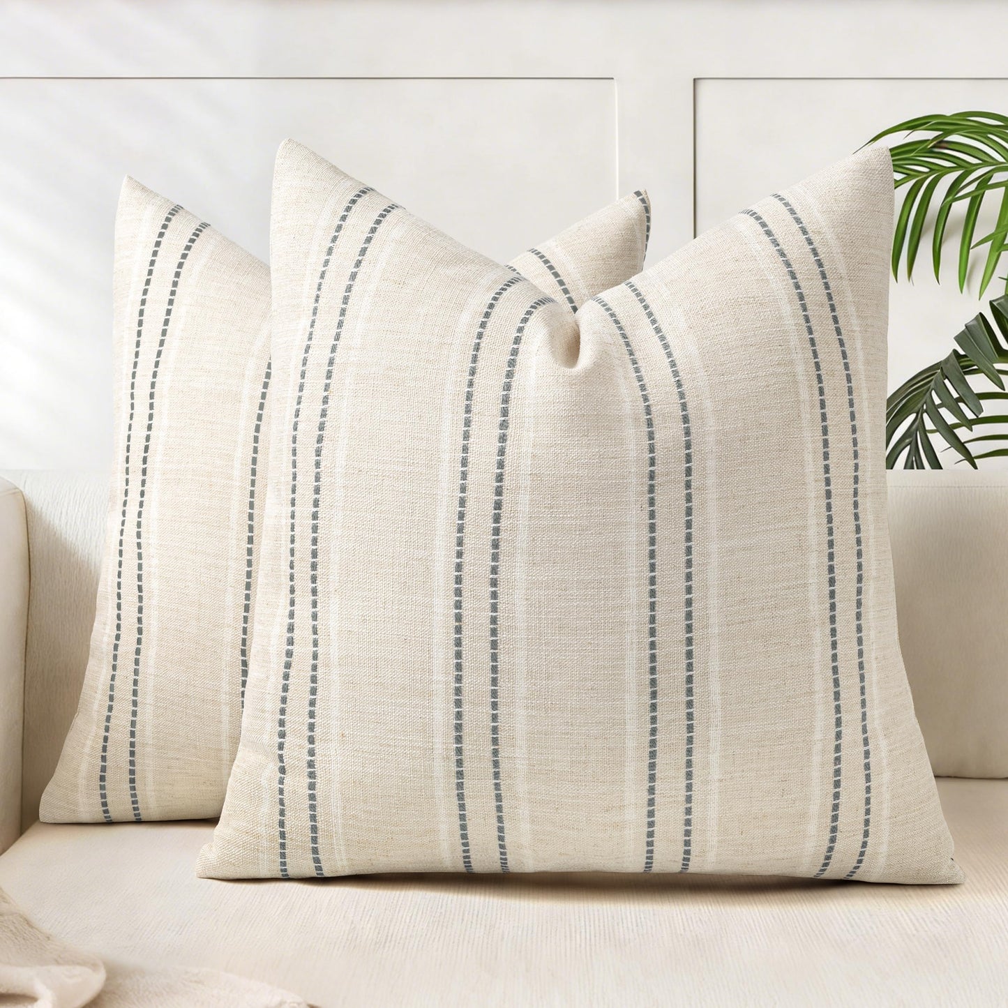 AELS 12x20 Decorative Farmhouse Linen Blend Throw Pillow Covers, Boho Textured Pillow Case, Set of 2, Beige with White & Brown Stitch Yarn Dyed Stripe Cushion Cover for Sofa Living Room (Cover ONLY)