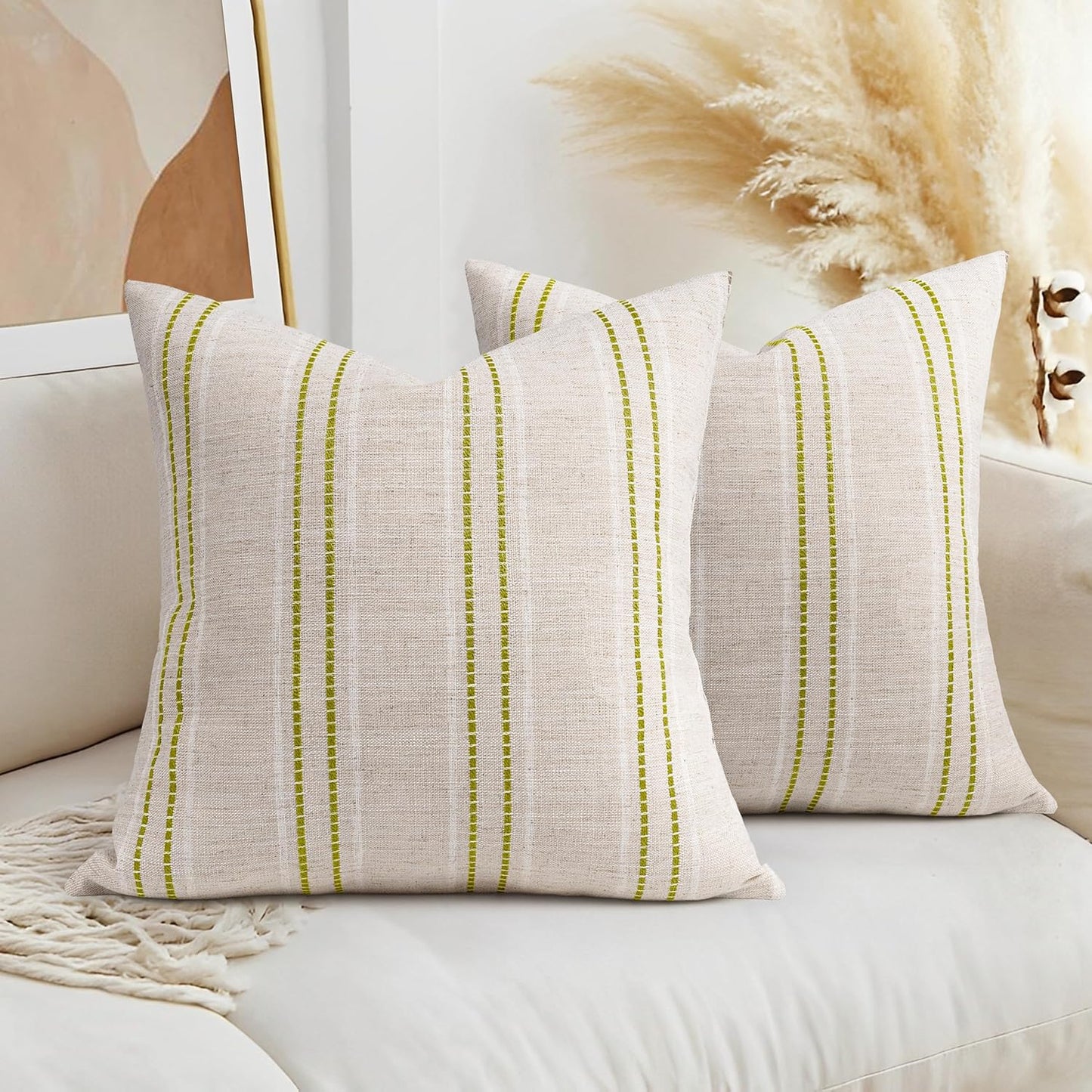 AELS 12x20 Decorative Farmhouse Linen Blend Throw Pillow Covers, Boho Textured Pillow Case, Set of 2, Beige with White & Brown Stitch Yarn Dyed Stripe Cushion Cover for Sofa Living Room (Cover ONLY)