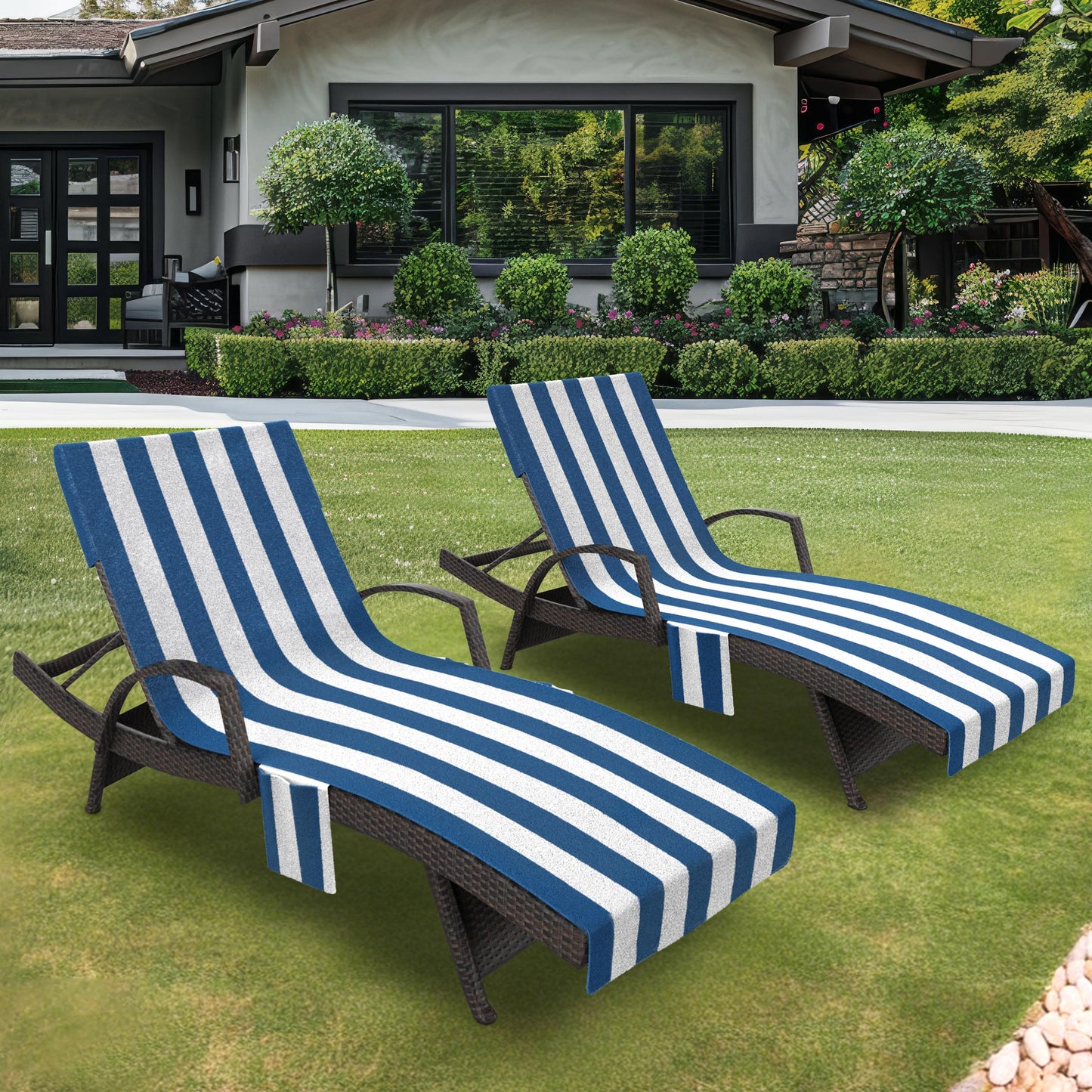 Lounge Chair Towel Cover, Pack of 2 - Microfiber Beach Towels with Pockets, Fits Outdoor Garden Beach Hotel Pool Chairs, Non-Slip & Portable Design, 85" X 30", Ombre Blue Stripes