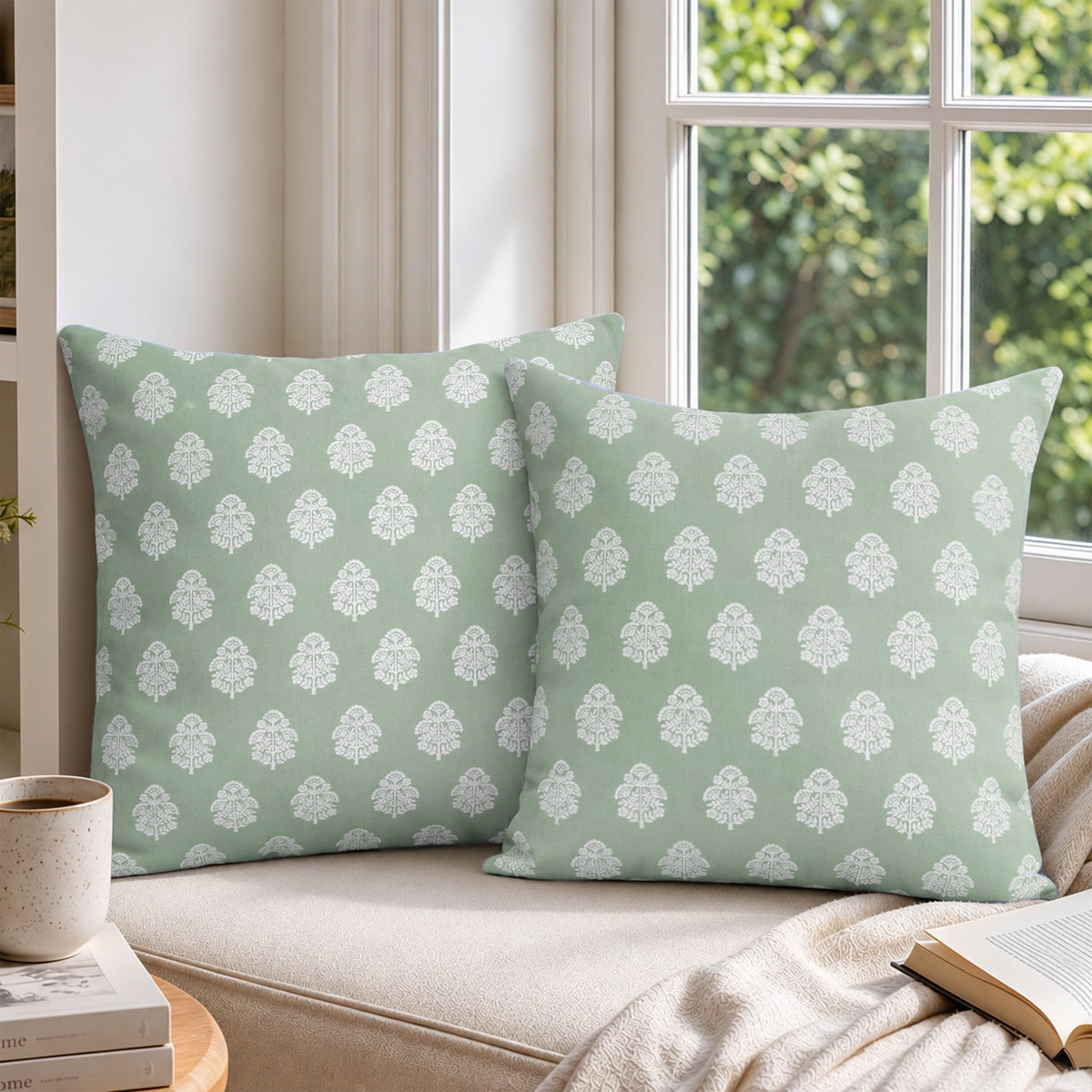 AELS 18x18 Decorative Farmhouse Throw Pillow Covers, Boho Floral Block Print Pillow Covers, Set of 2, Slate Blue Botanical Cushion Covers for Sofa Couch Bed Living Room Bedroom, Cover Only