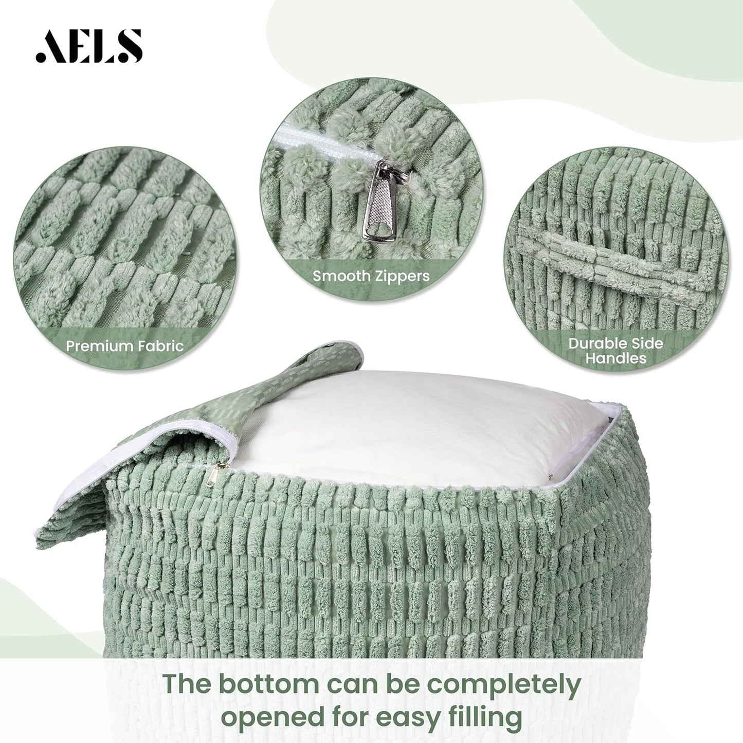 Unstuffed Farmhouse Pouf Cover for Living Room, Boho Storage Bean Bag Cubes, Sage Green Soft Corduroy Plush Sripe Square Ottoman Pouf Foot Rest Footstool, 18"x18"x18", Cover ONLY