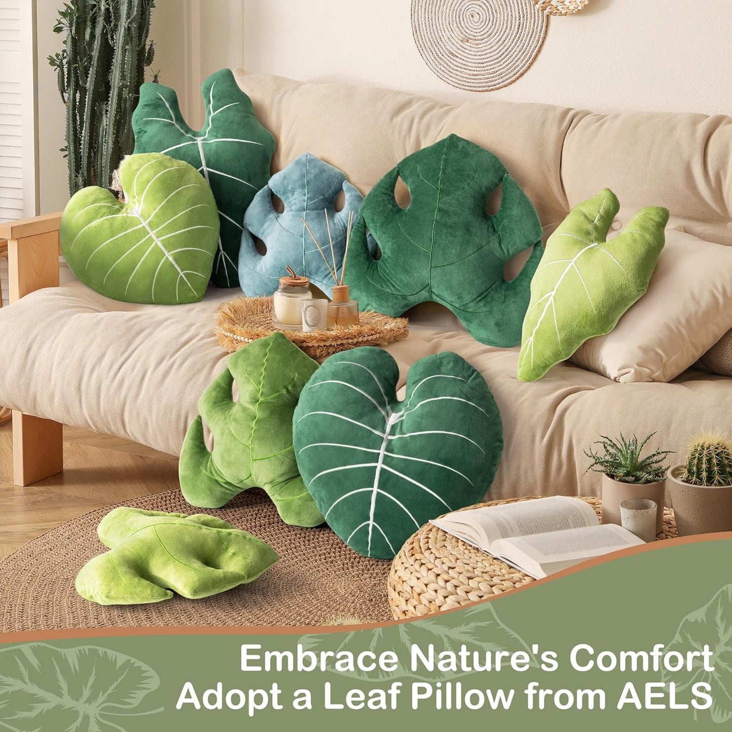 AELS Set of 2 3D Leaves Decorative Throw Pillows, 19"& 15" Philodendron Gloriosum Plush Pillow Set for Plant Lovers Garden Lovers, Living Room Bedroom Nursery Decor, Light Green & Dark Green