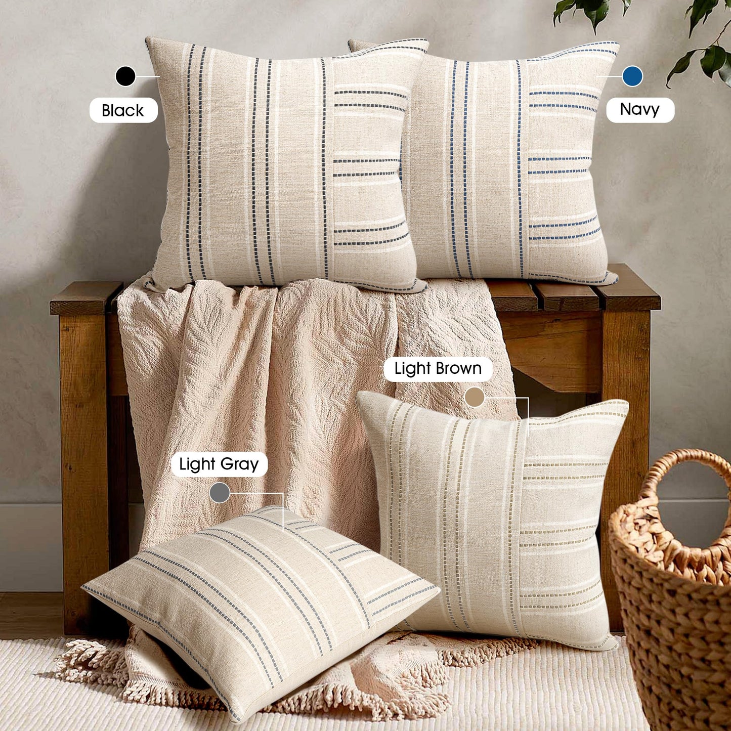 AELS 12x20 Decorative Farmhouse Linen Throw Pillow Covers, Boho Rectangle Lumbar Pillow Case, Set of 2, Beige with White & Gray Stripe Patchwork Cushion Cover for Sofa Couch Living Room (Cover ONLY)