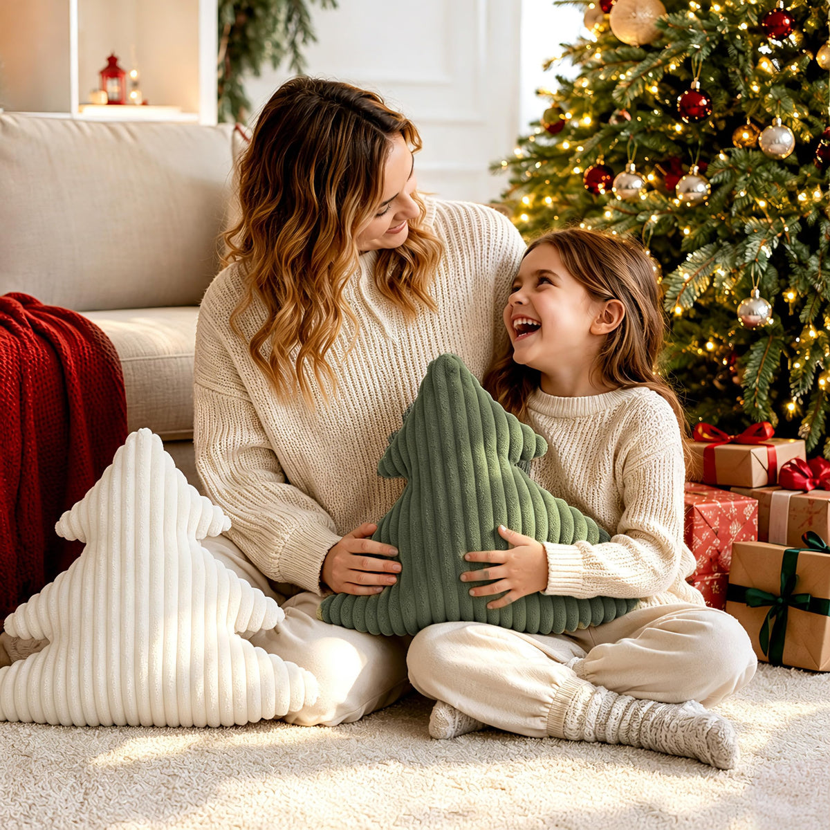 AELS Faux Fur Christmas Tree Decorative Pillow Set of 3, Forest Green Series