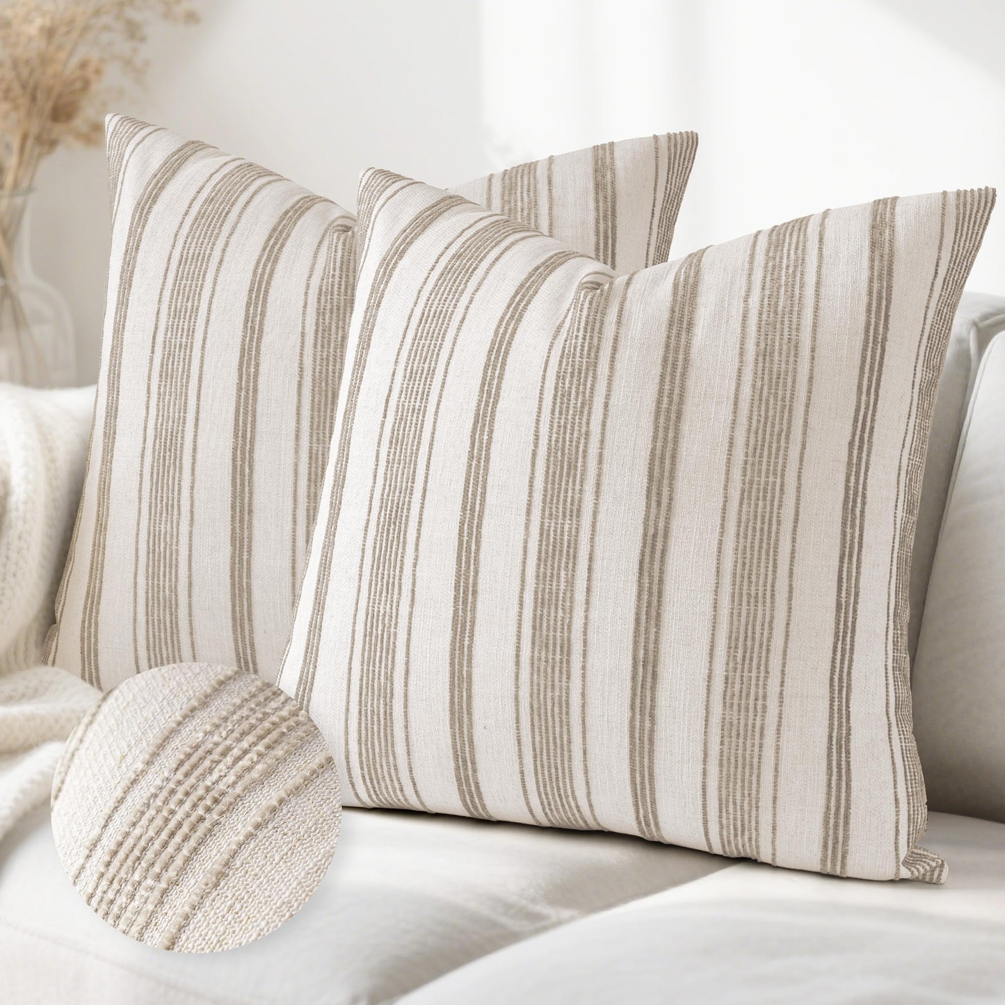 AELS 12x20 Decorative Farmhouse Linen Lumbar Pillow Covers, Beige with Olive Green Chenille Striped Pillow Case, Set of 2, Boho Textured Cushion Cover for Sofa Couch Living Room (Cover ONLY)