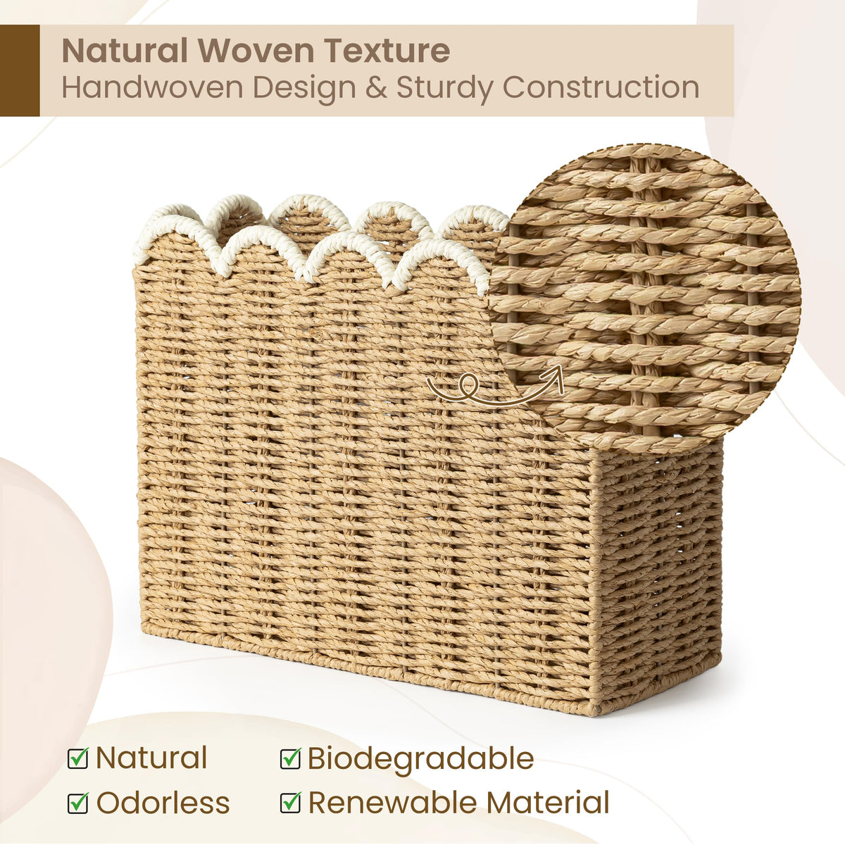 AELS Woven Natural Fibre Magazine Holder, Scalloped Edge Floor Magazine Rack, Hand-woven Organizer, Boho Modern Farmhouse Book Basket, File Newspaper Mail Holder for Office